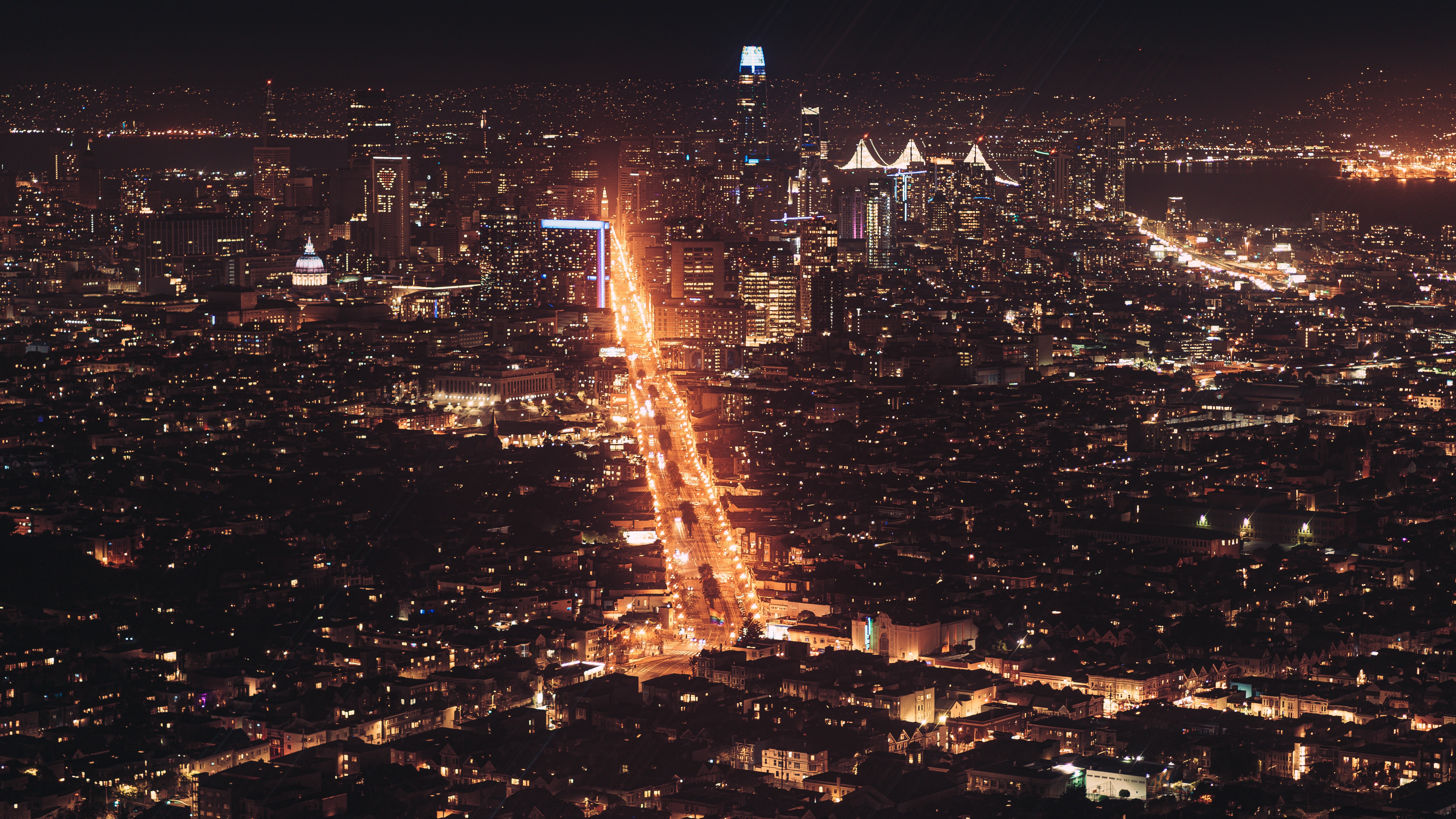 115306 télécharger le fond d'écran villes, ville, les lumières, lumières, vue d'en haut, vue d’en haut, route, ville de nuit, paysage urbain, cityscape - économiseurs d'écran et images gratuitement