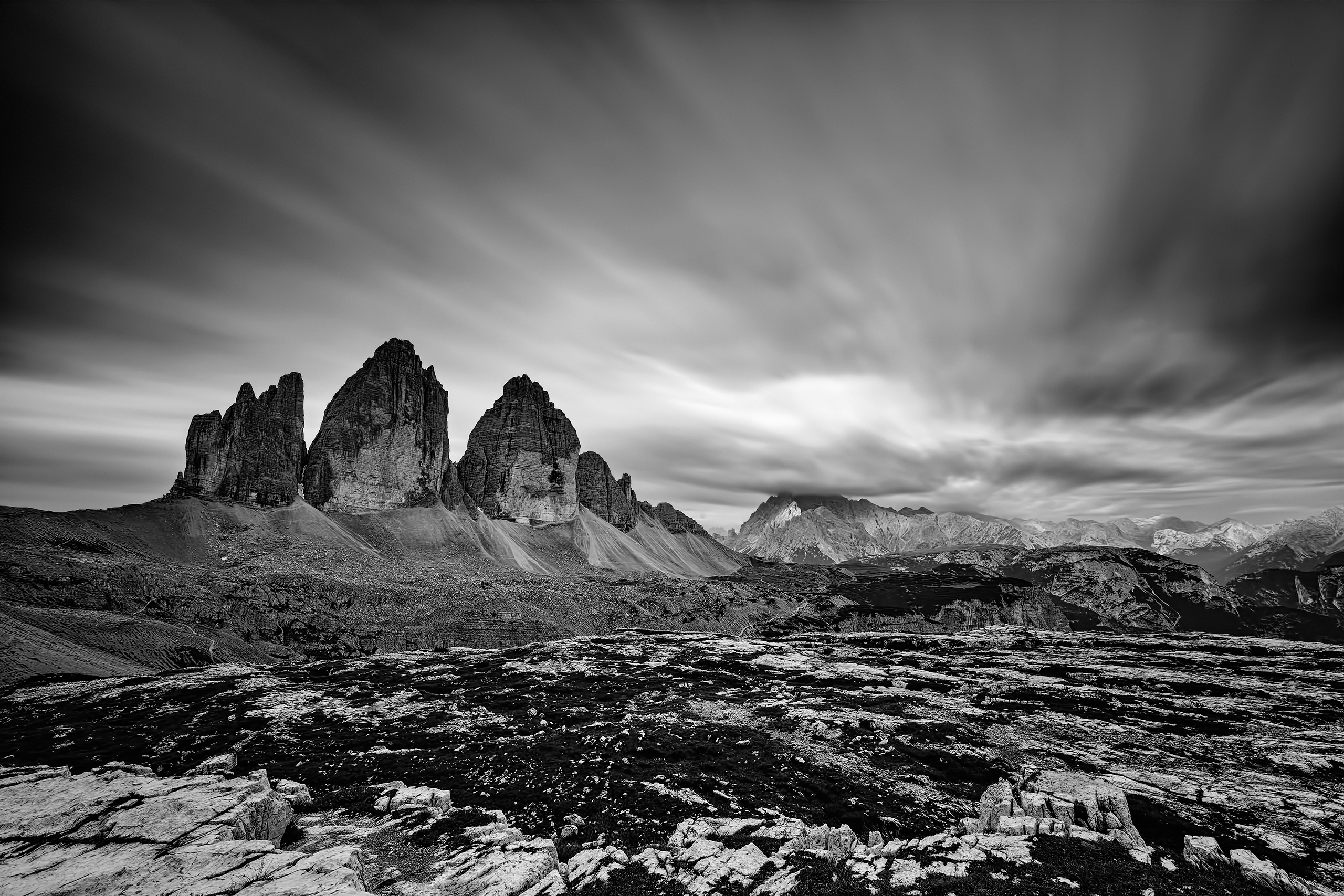earth, tre cime di lavaredo, black & white, cloud, dolomites, mountain, mountains download HD wallpaper