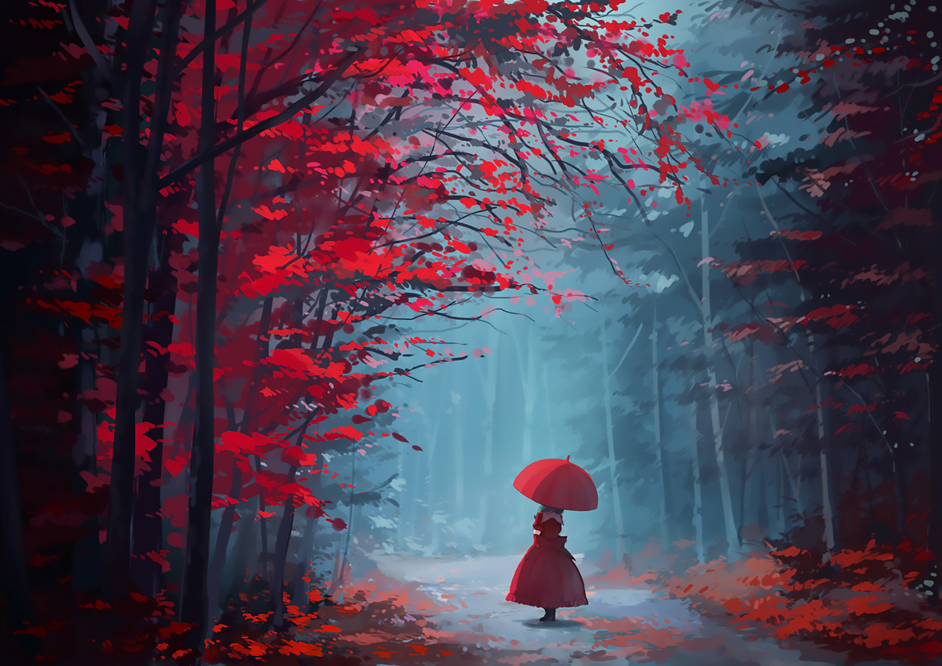 umbrella, touhou, leaf, anime, hina kagiyama, red dress UHD