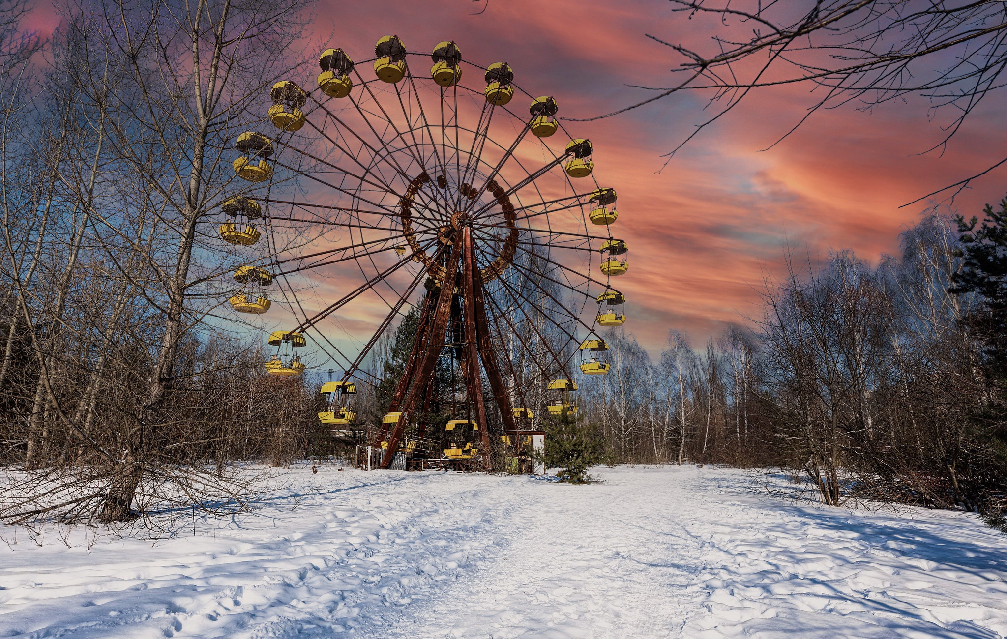 chernobyl, abandoned, man made, ferris wheel, snow, sunset, winter