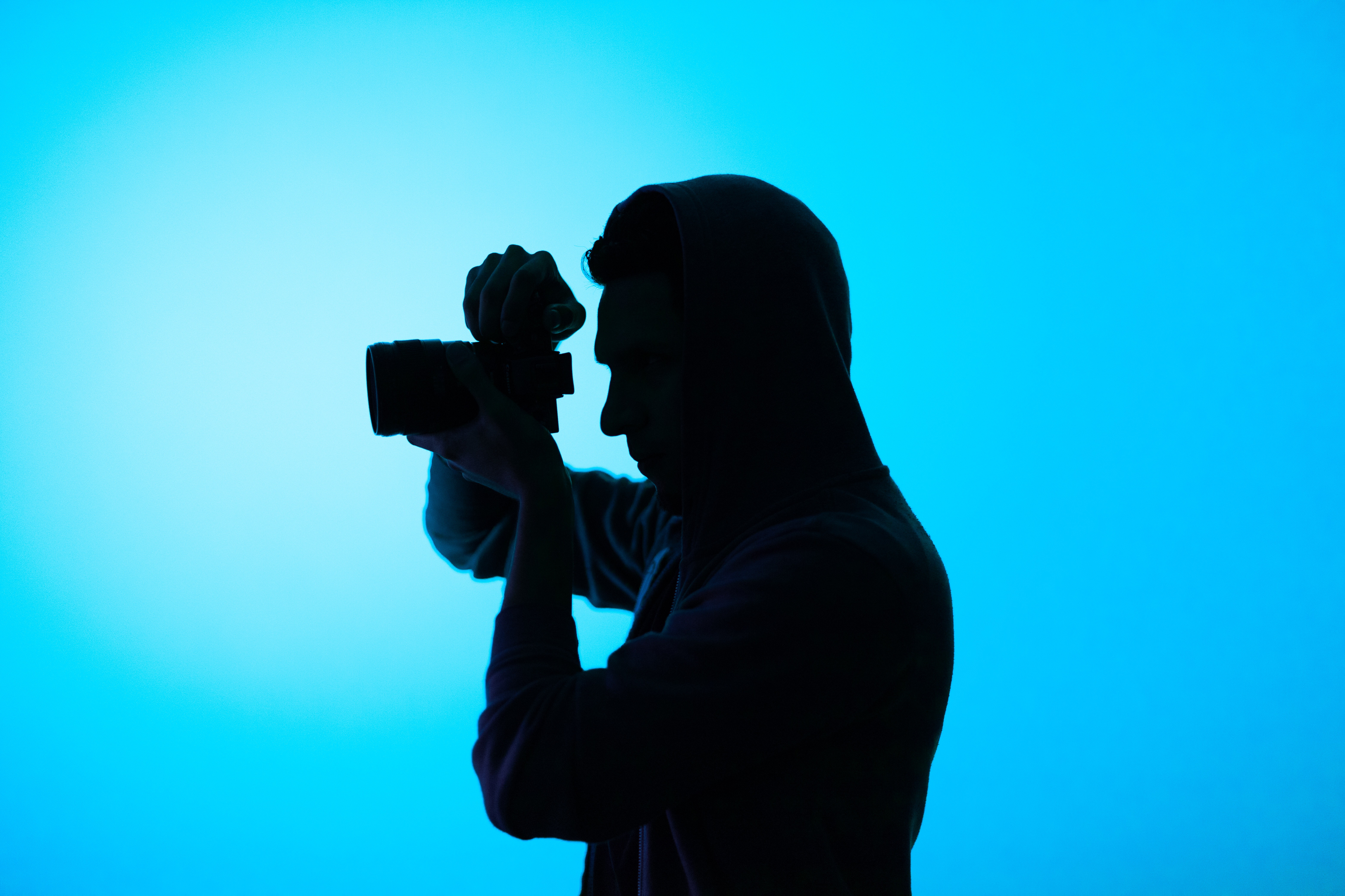 photographer, dark, blue, shooting, survey, camera, hood