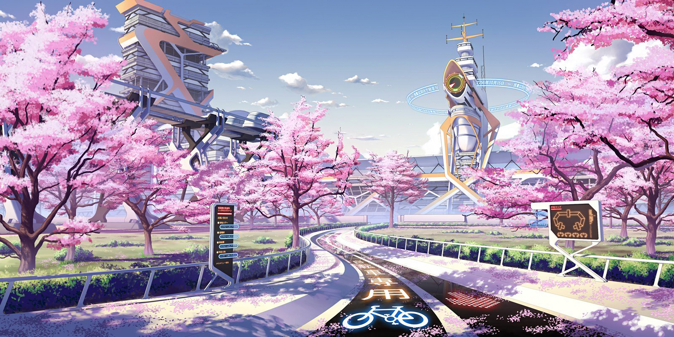688444 descargar imagen ciudad futurista, paisaje, animado, original, primavera, torre, árbol: fondos de pantalla y protectores de pantalla gratis