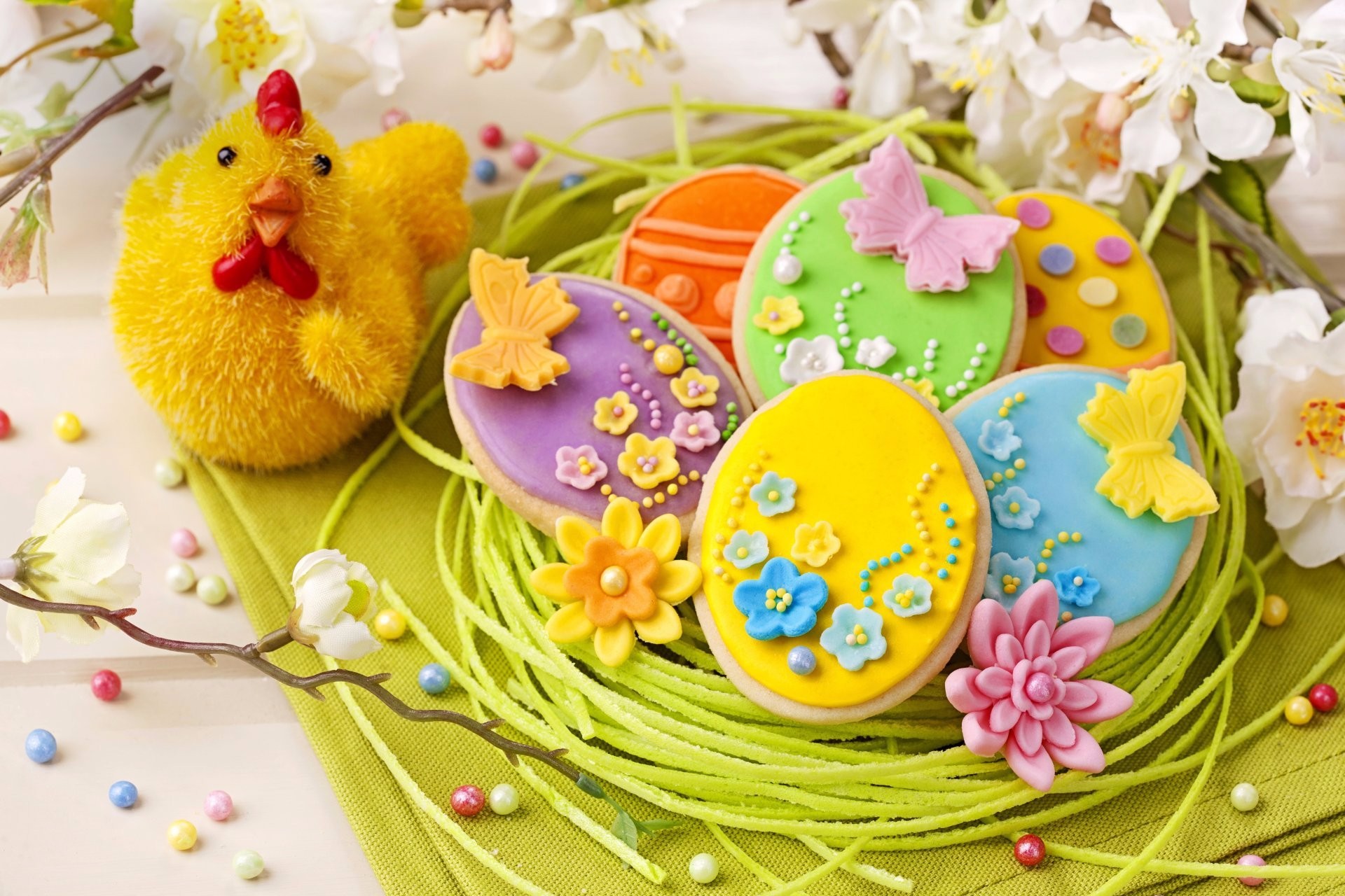 colorful, holiday, easter, blossom, chick, cookie