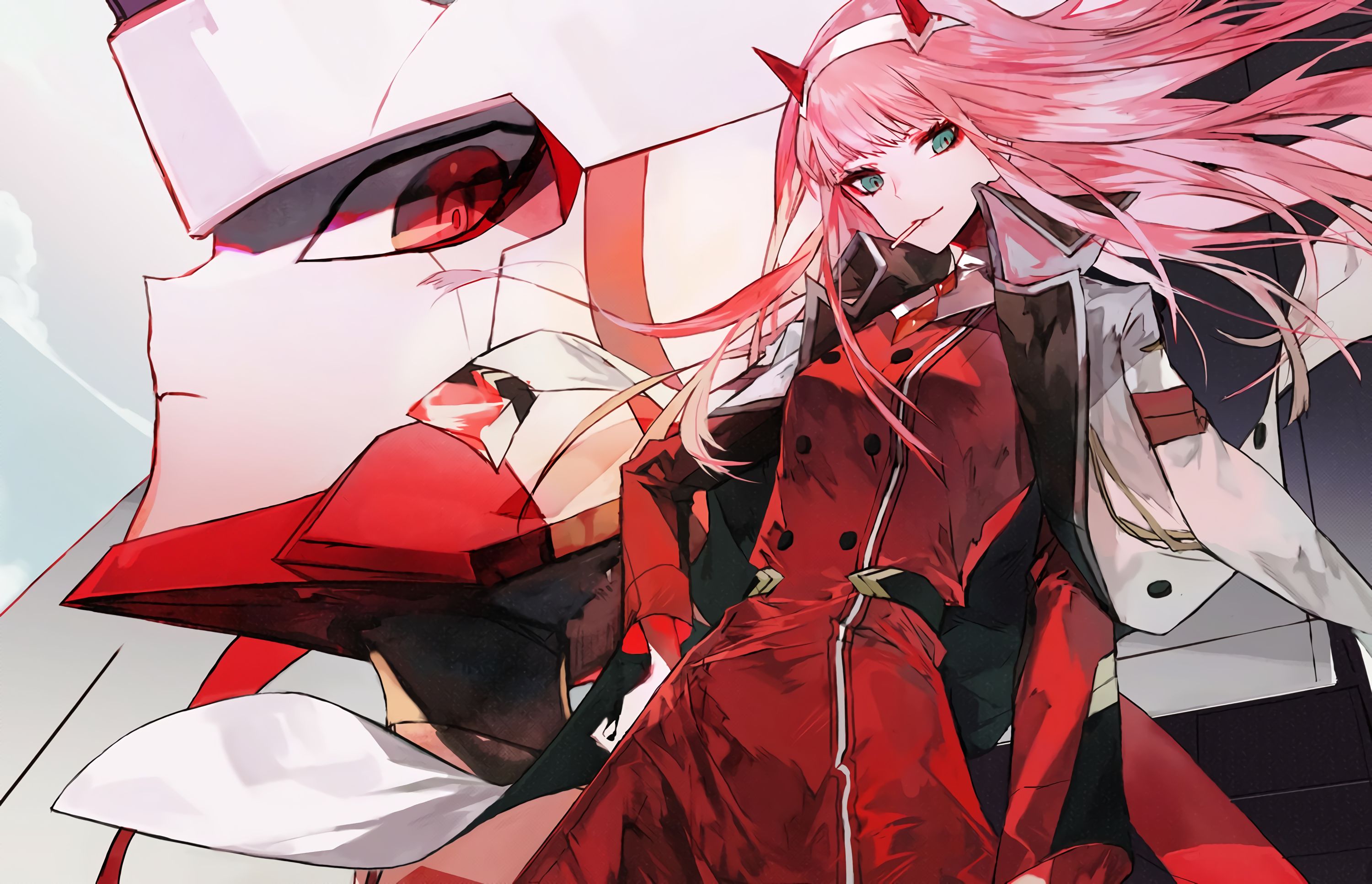 darling in the franxx, anime, coat, green eyes, horns, lollipop, long hair, pink hair, red eyes, zero two (darling in the franxx) download HD wallpaper