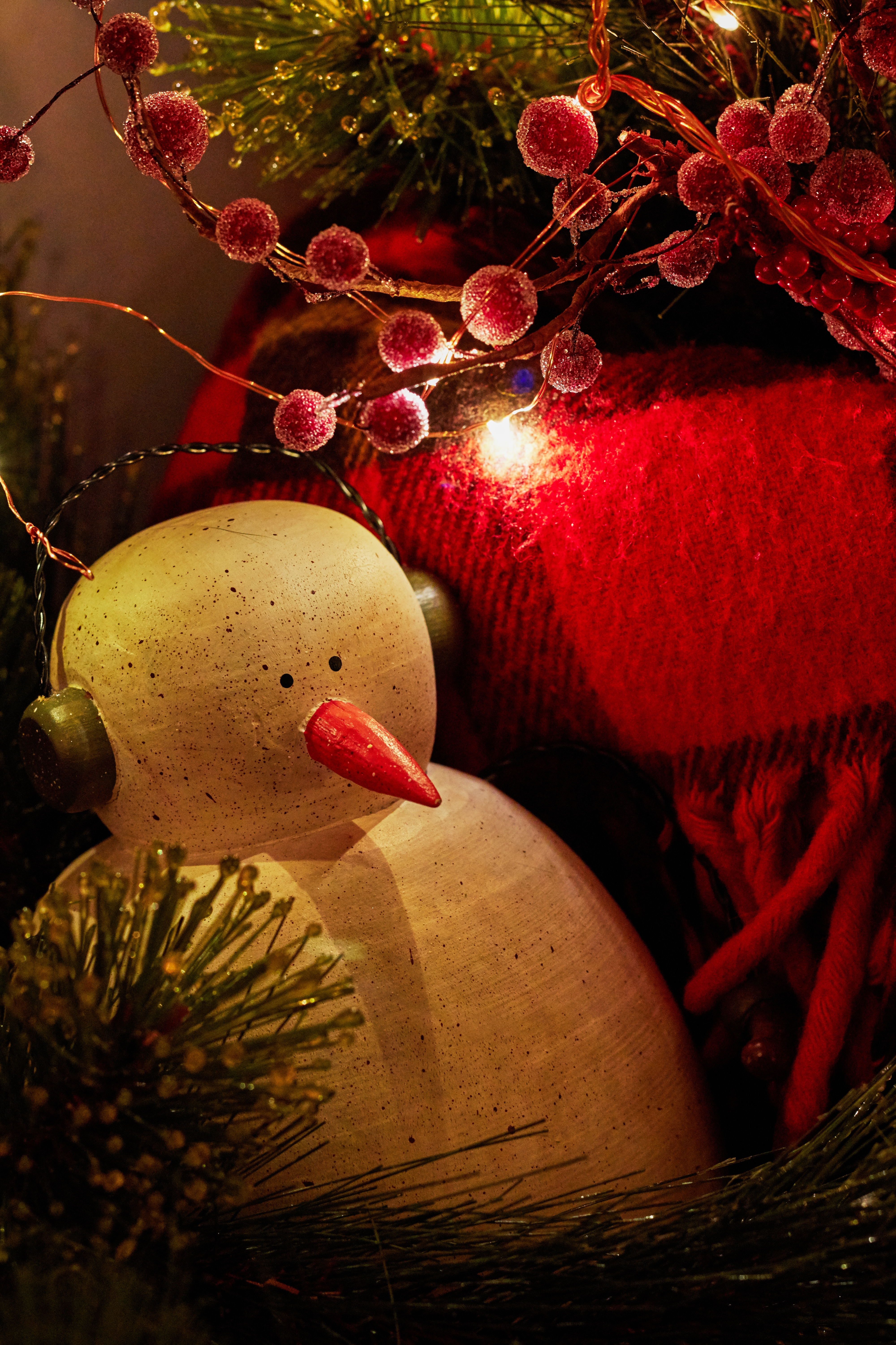 Download mobile wallpaper New Year, Holiday, Holidays, Garlands, Garland, Snowman, Christmas, Headphones for free.