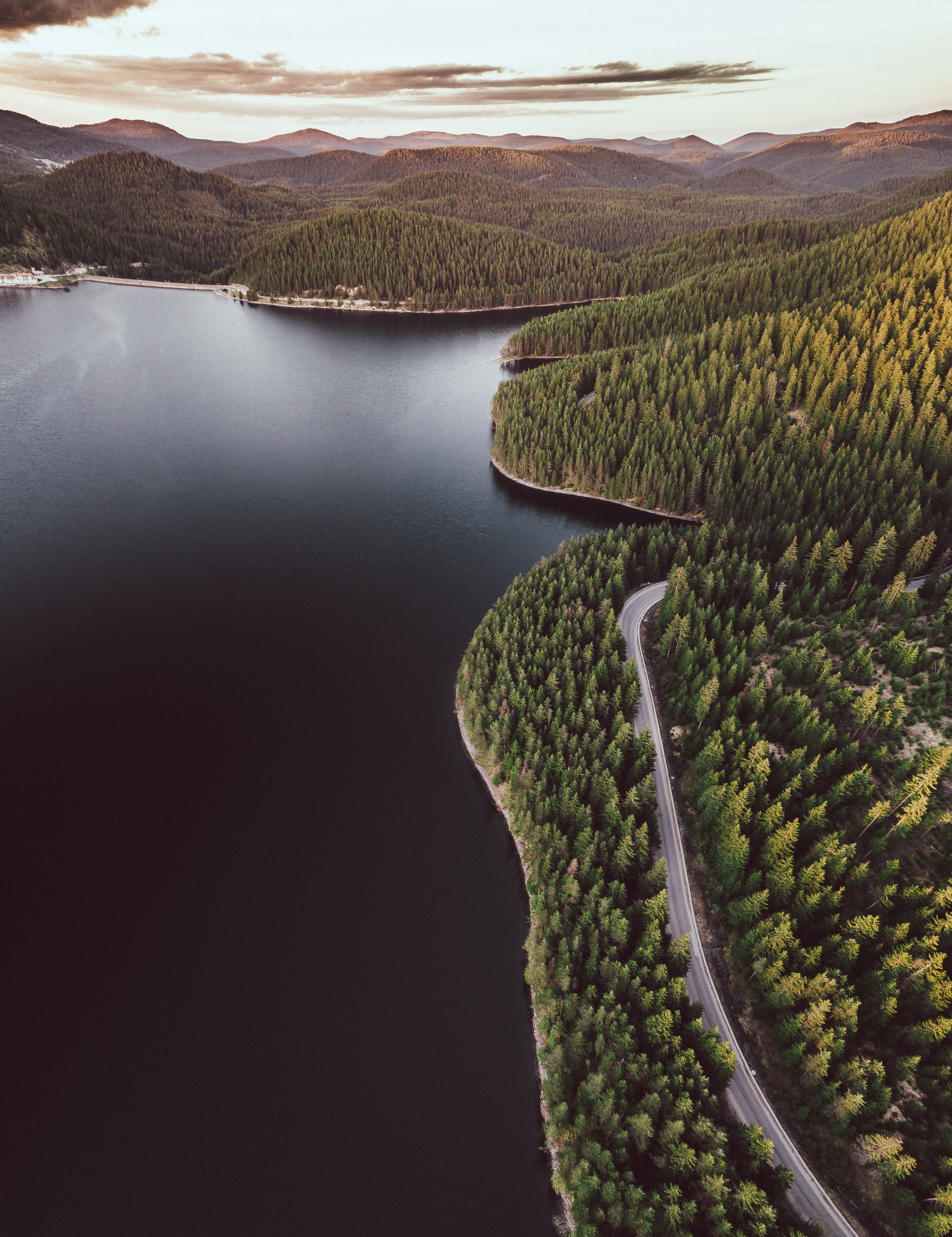 shore, nature, view from above, lake, bank, road, forest, hills QHD