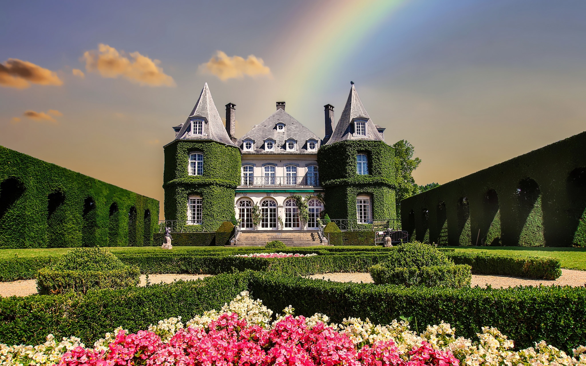 belgium, man made, castle, building, flower, garden, park, rainbow, castles