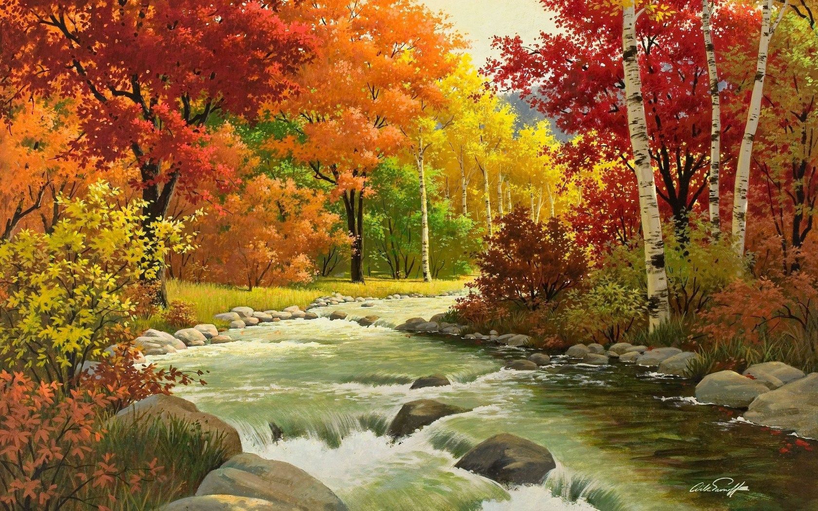 rivers, painting, nature, autumn, forest, landscape Full HD