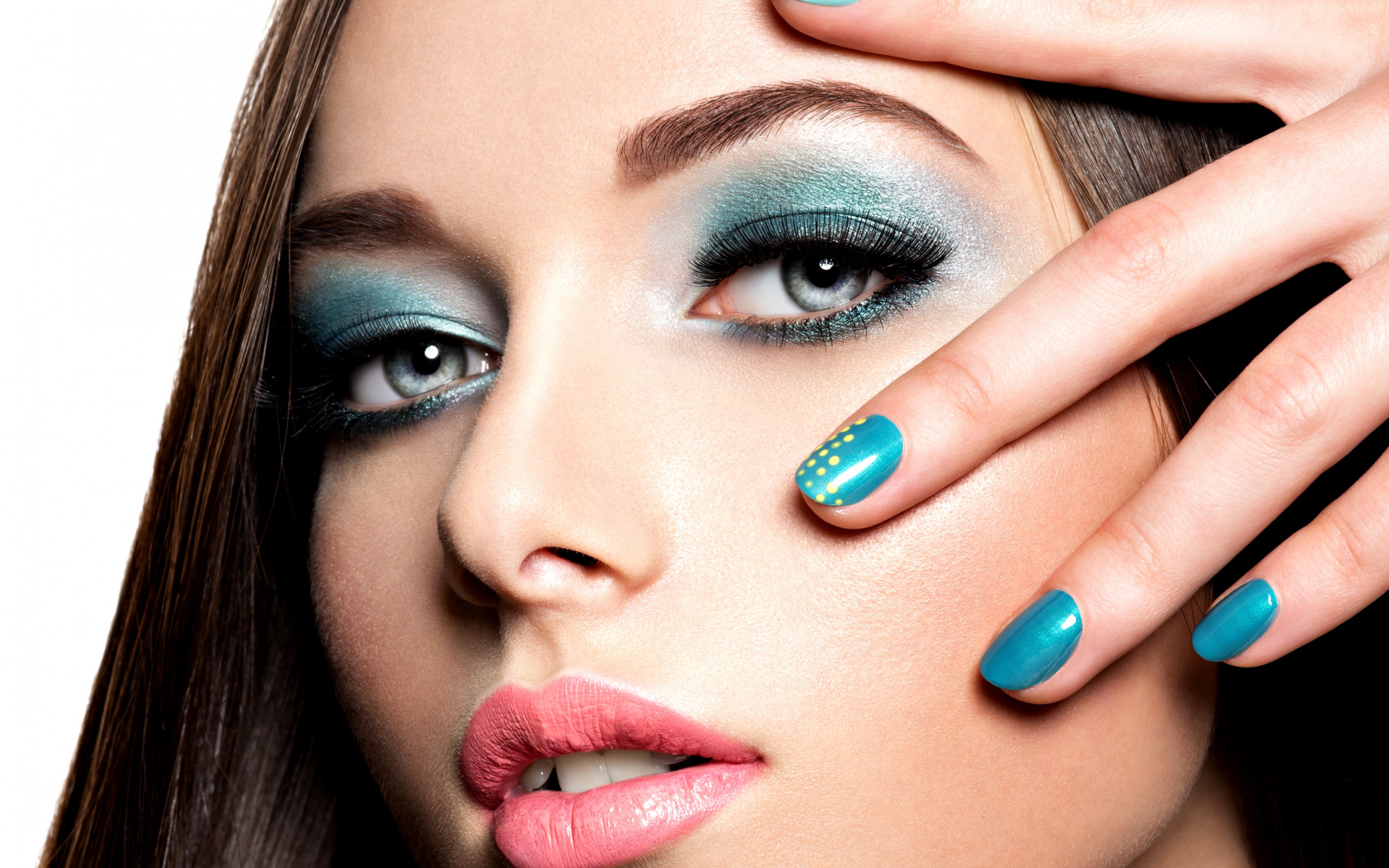 Horizontal Wallpaper women, model, blue eyes, face, finger, makeup