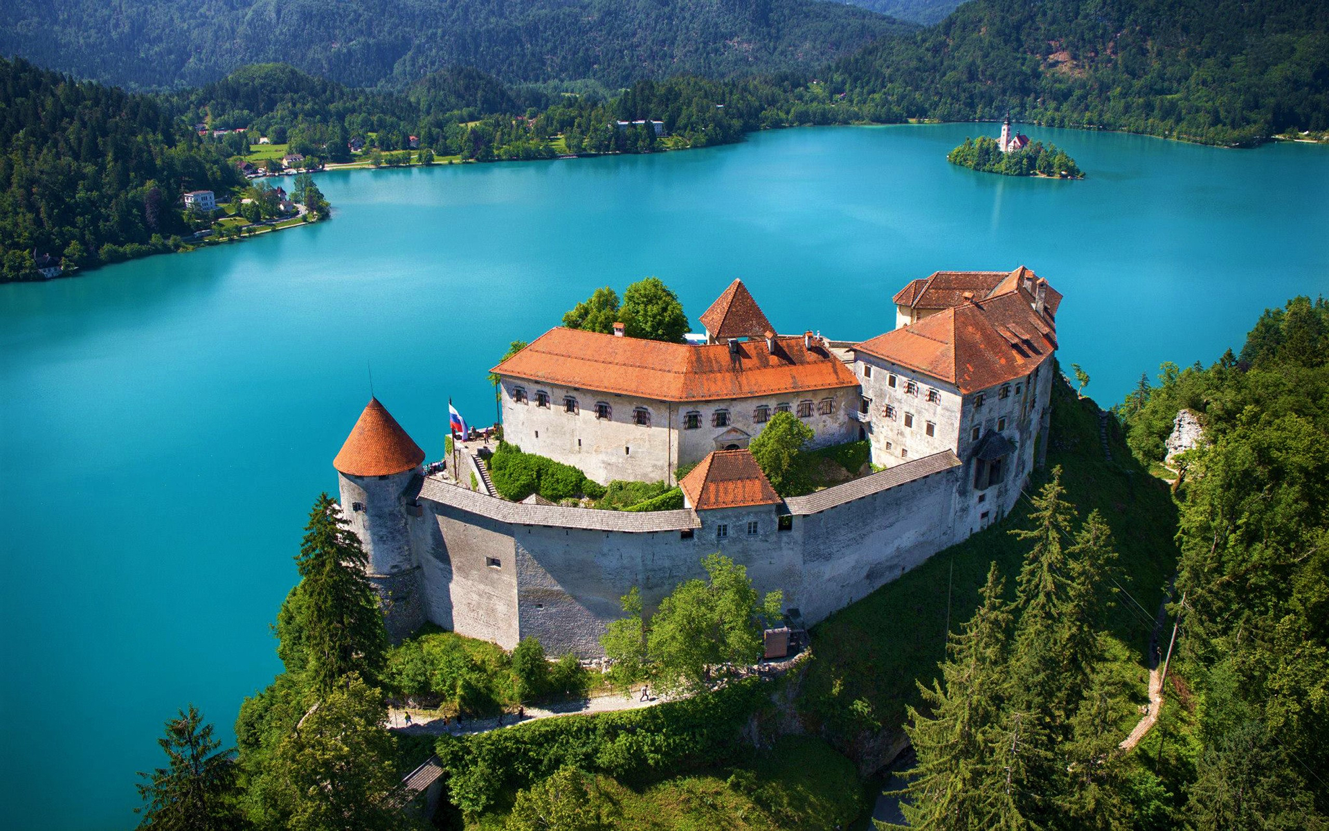 landscape, man made, bled castle, castle, forest, lake bled, lake, mountain, slovenia, turquoise