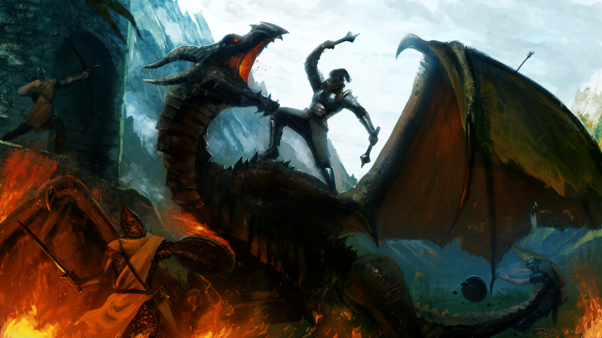 skyrim, video game, the elder scrolls v: skyrim, dragon, fantasy, the elder scrolls, warrior QHD
