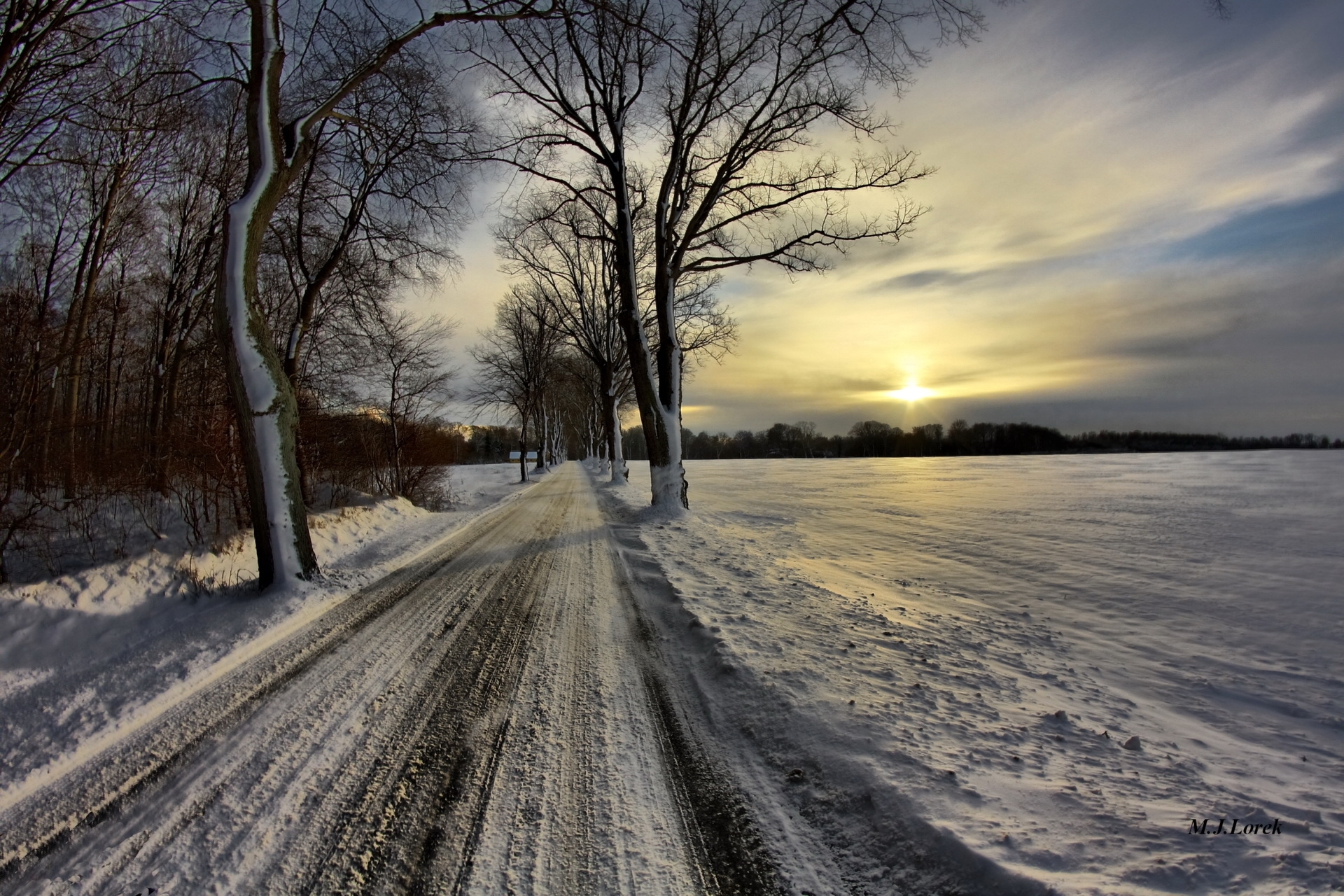 alley, winter, nature, sky, sun, clouds, snow, road, present, nast, tread, protector
