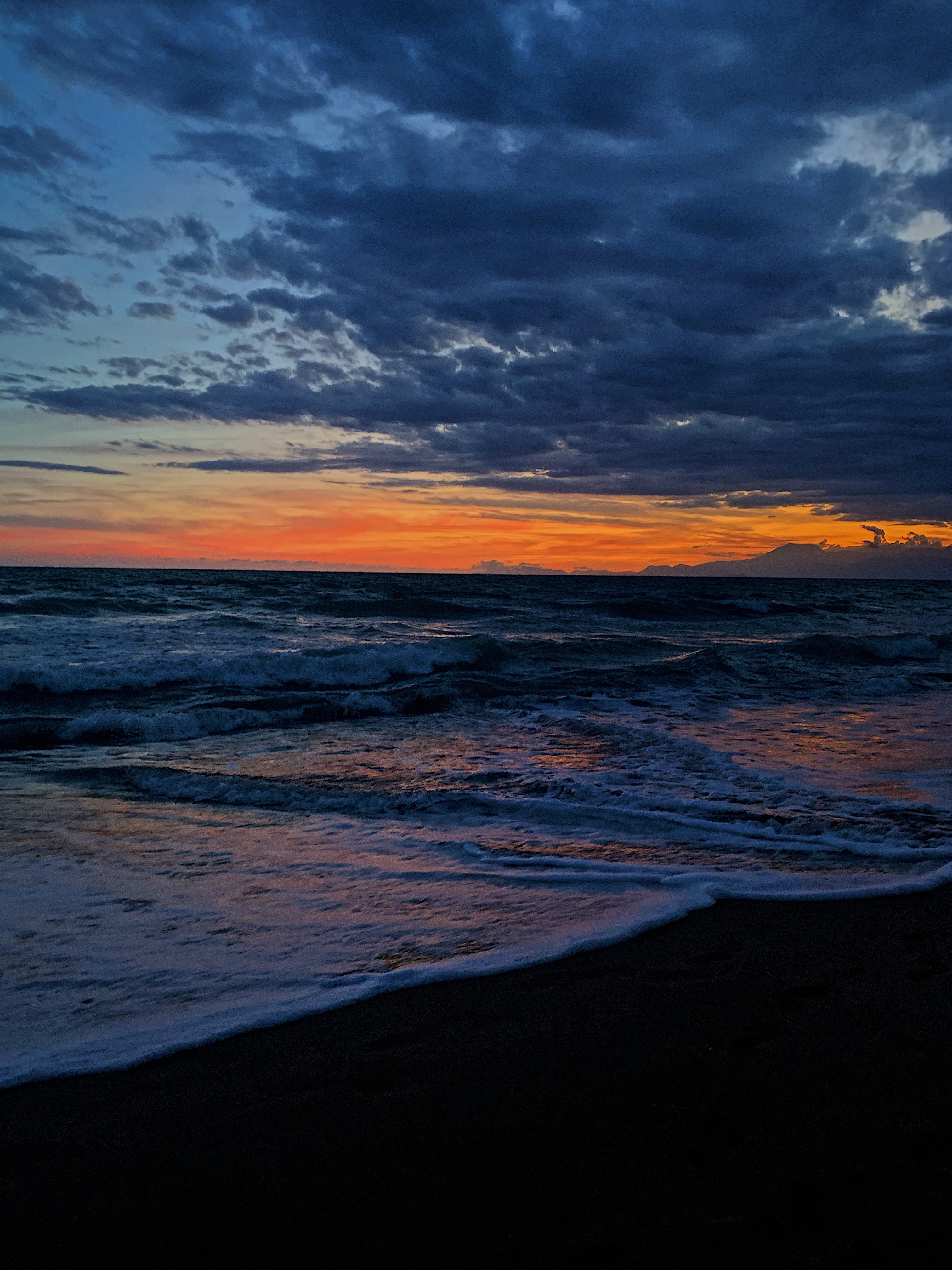 nature, sunset, horizon, coast, tide, high tide 5K