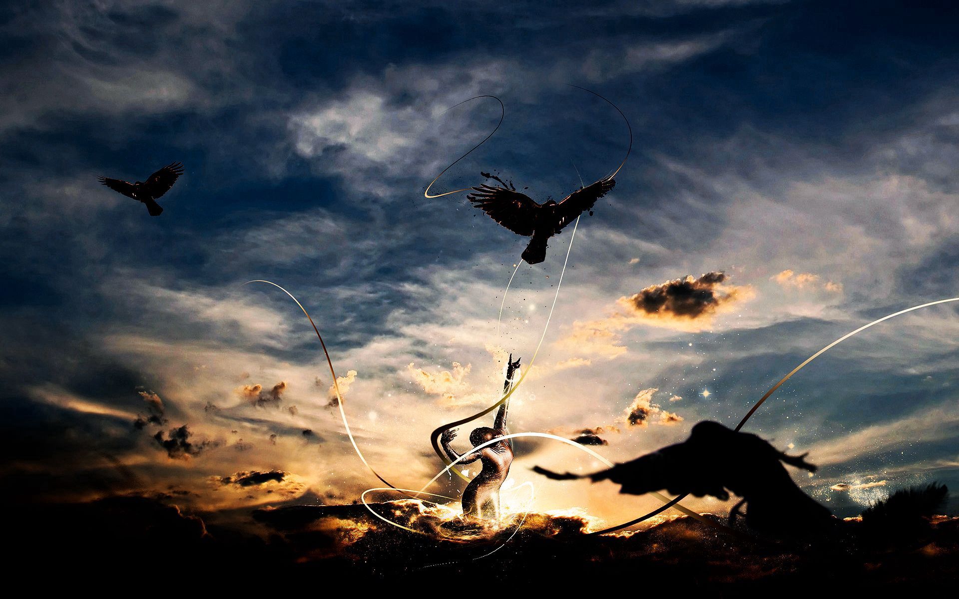 Download mobile wallpaper Sky, Silhouette, Abstract, Dance, Birds, Lines for free.