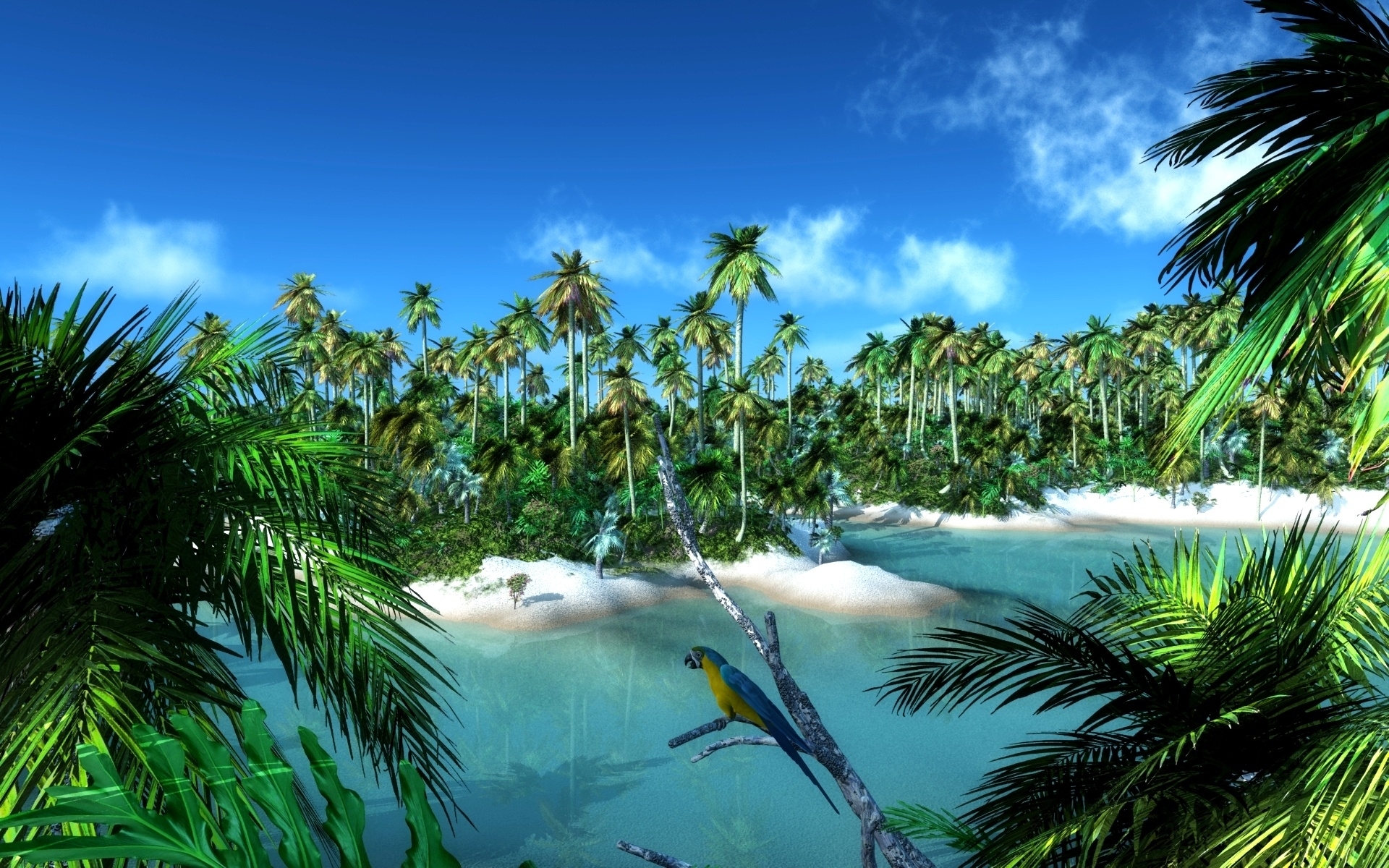 Download mobile wallpaper Landscape, Water, Palms, Parrots, Art for free.