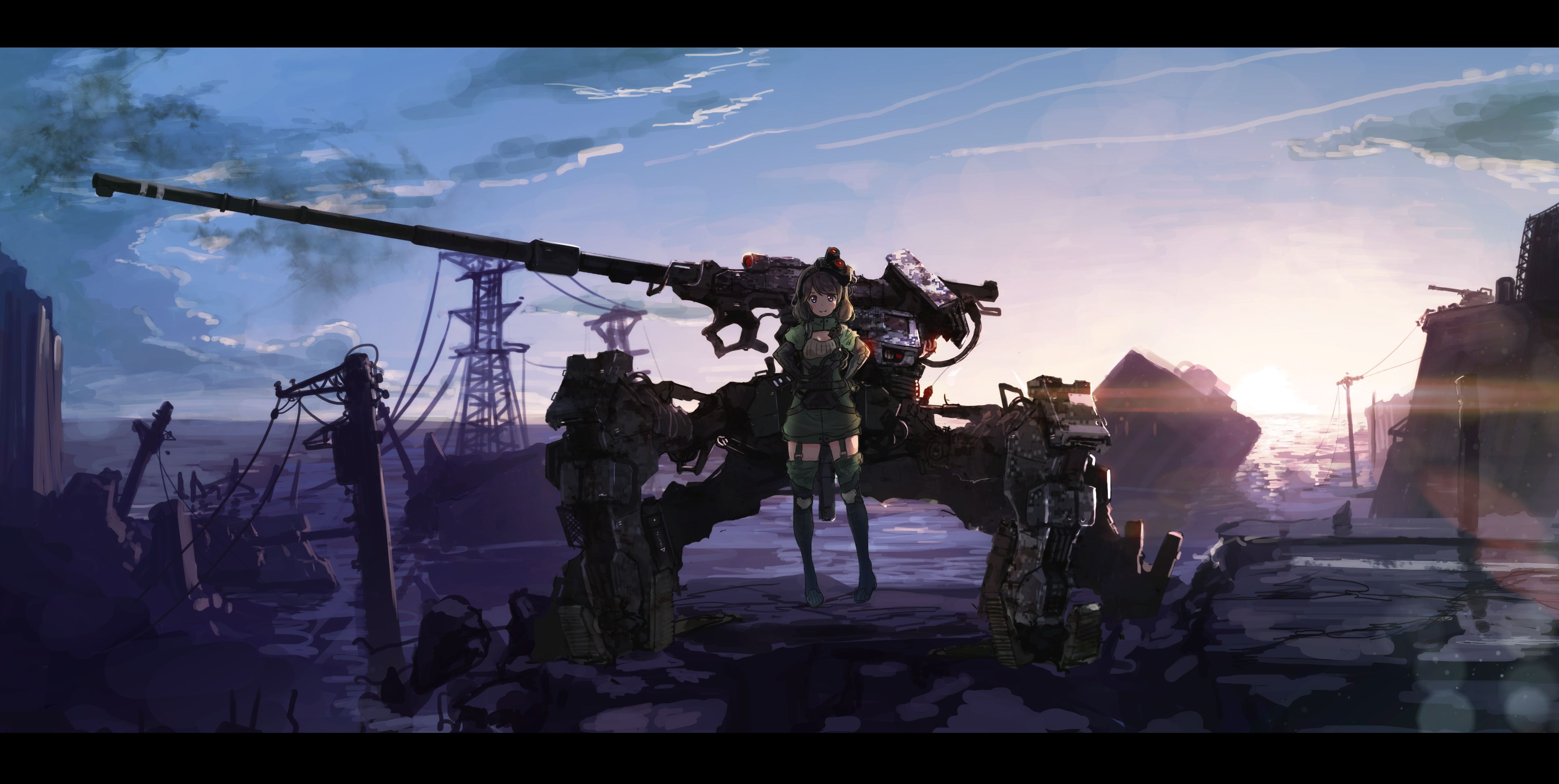 anime, original, cannon, military, short hair, sunset High Definition image