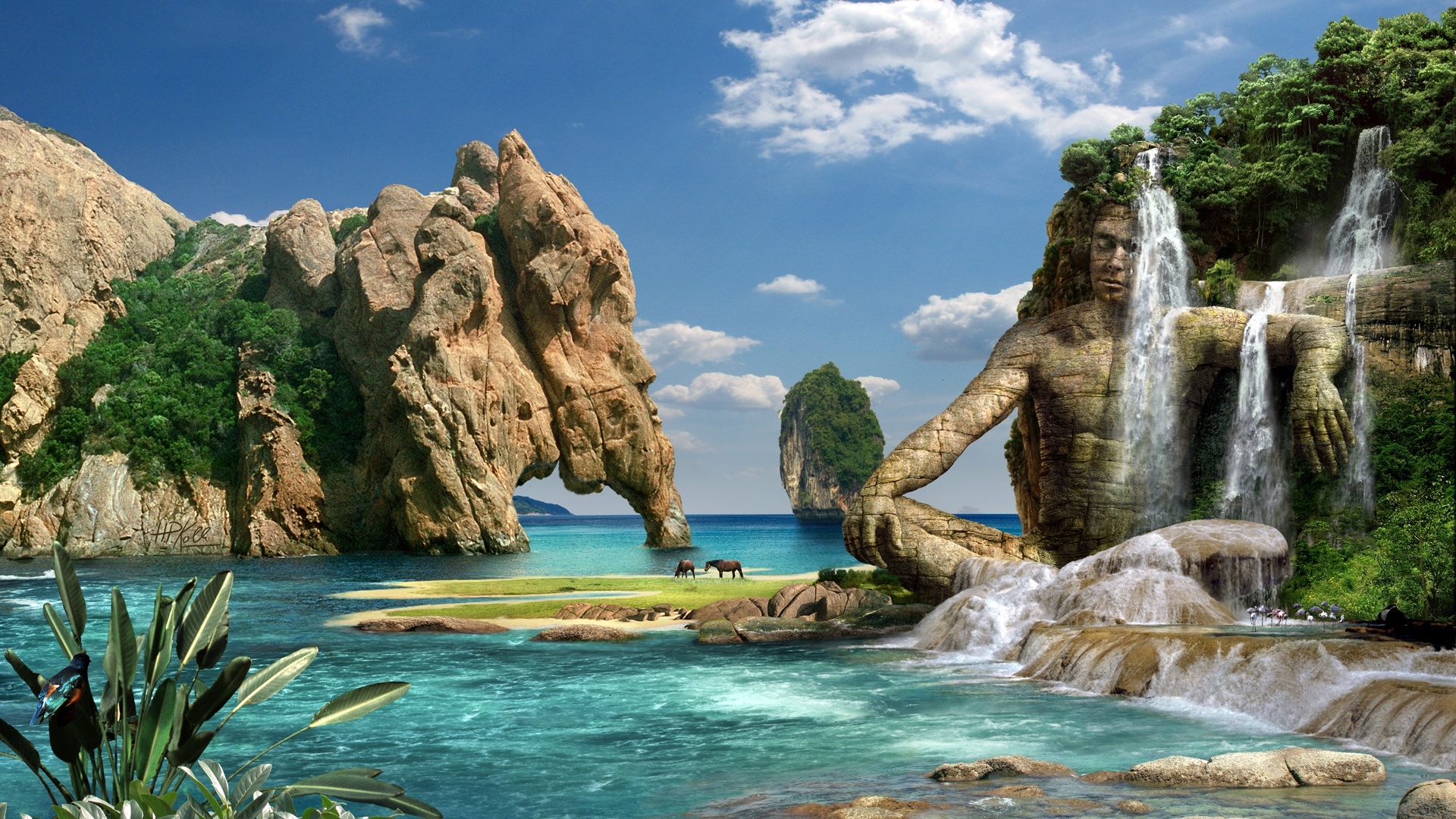 thailand, manipulation, photography, bay, statue, tapu, tropics, waterfall