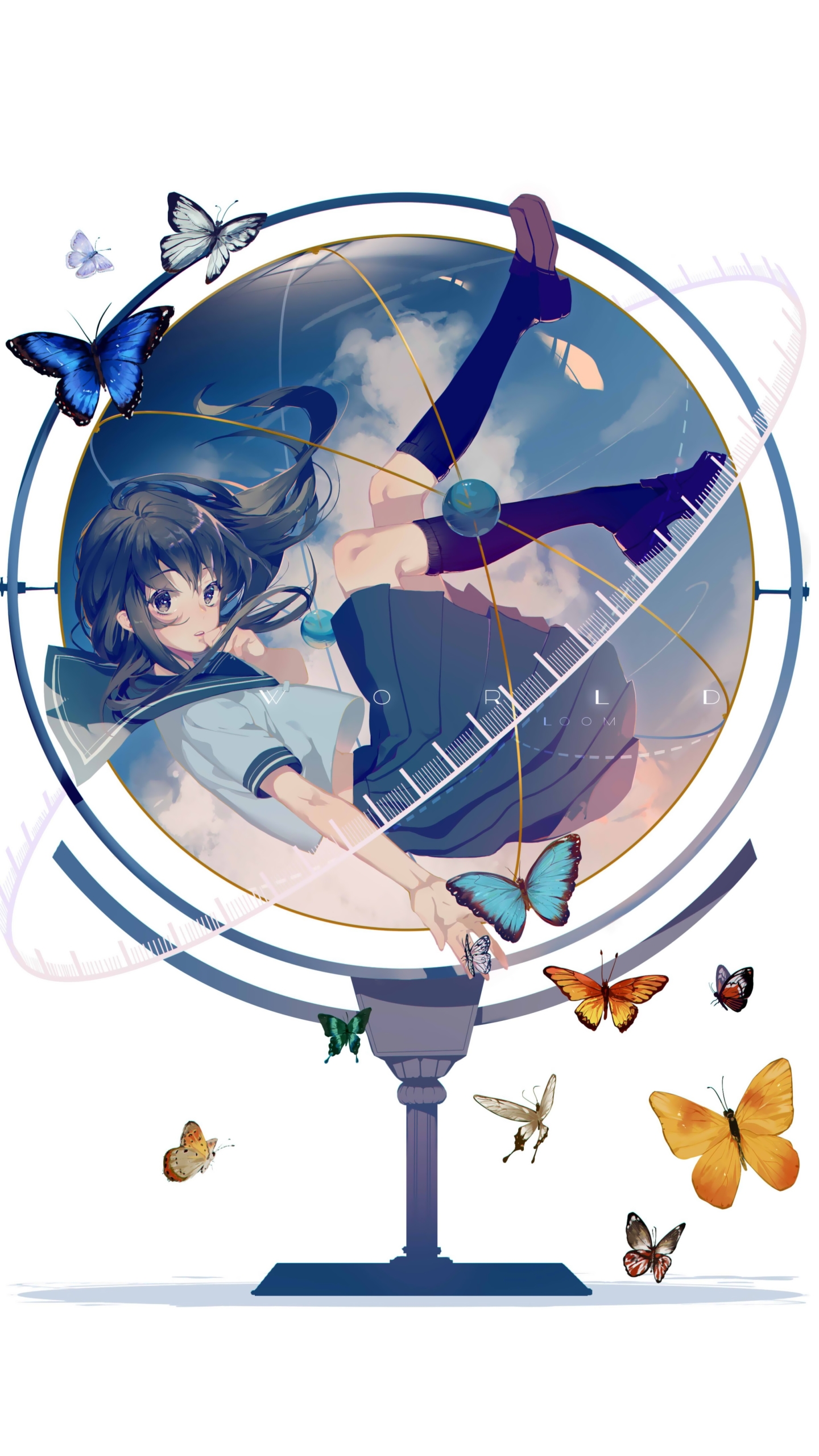 anime, original, butterfly, school uniform, globe, long hair, black hair Full HD