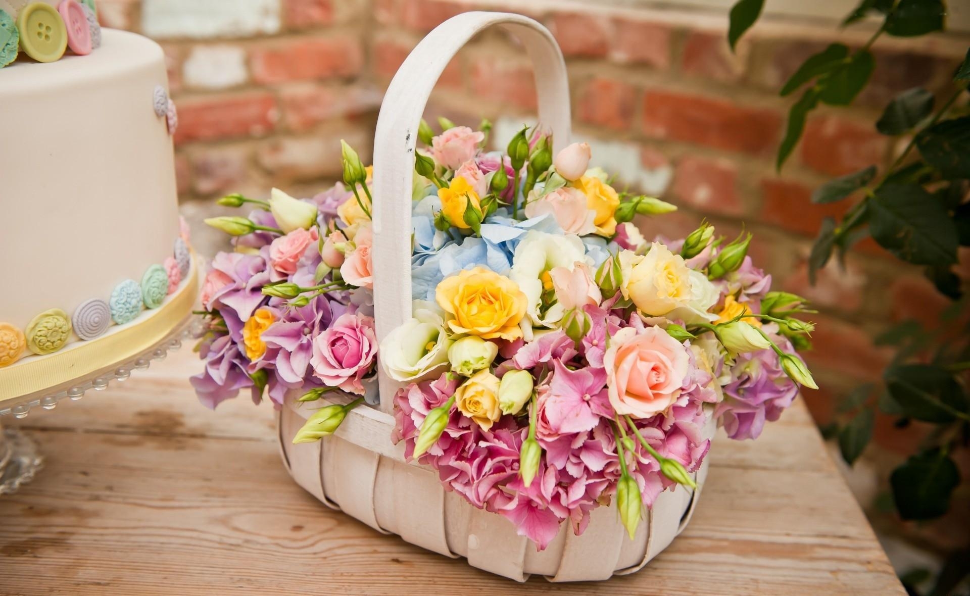 roses, flowers, table, basket, hydrangeas
