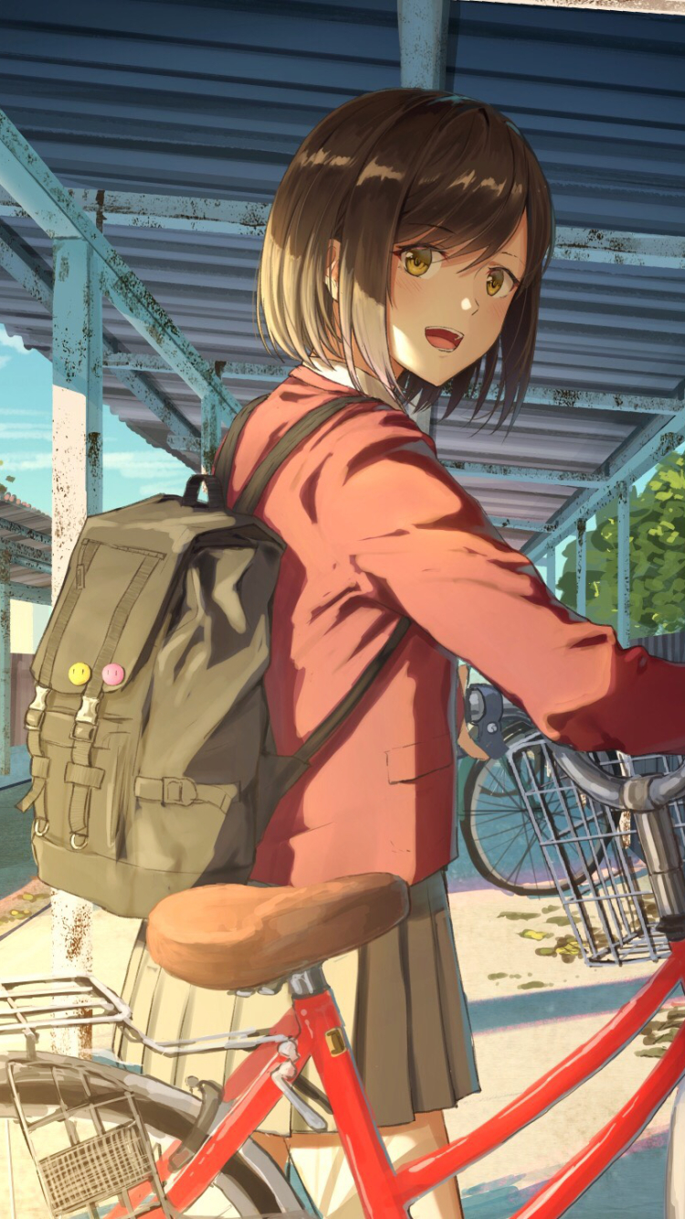 Download mobile wallpaper Anime, Bike, Sunlight, Schoolgirl, Original, School Uniform, Short Hair for free.