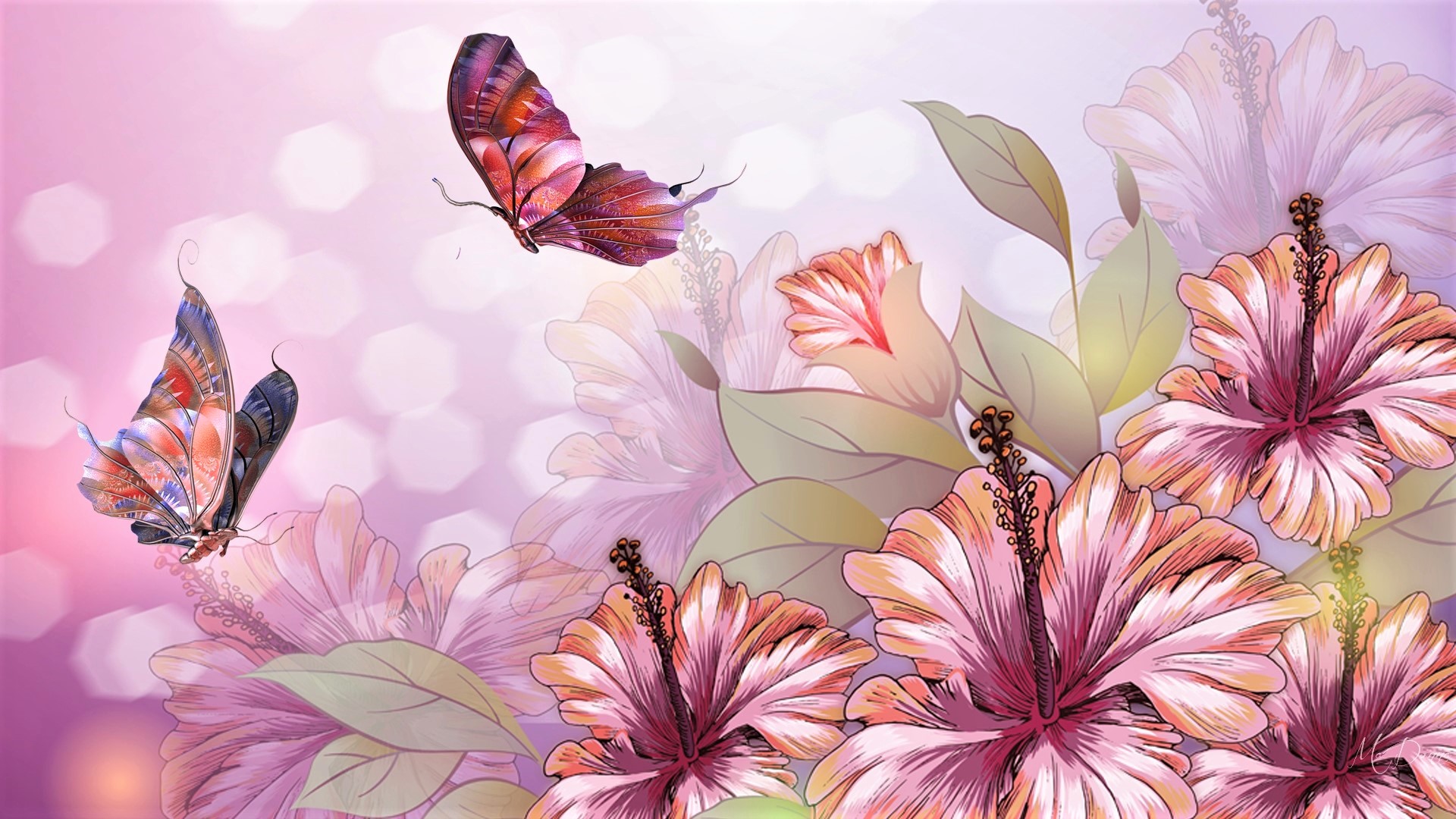 Яркие цветы и бабочки арт