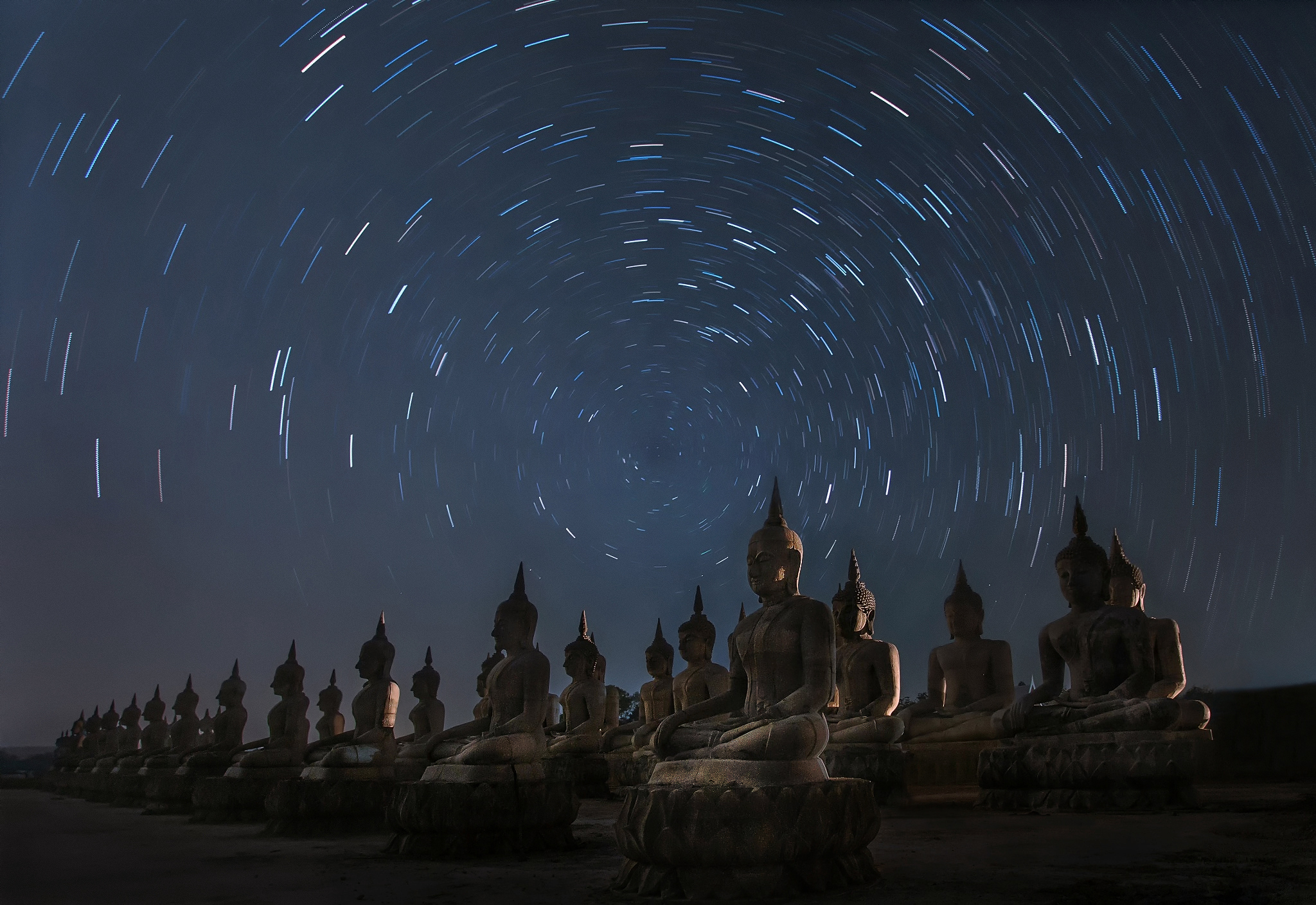 buddha, statue, thailand, religious, night, starry sky, time lapse