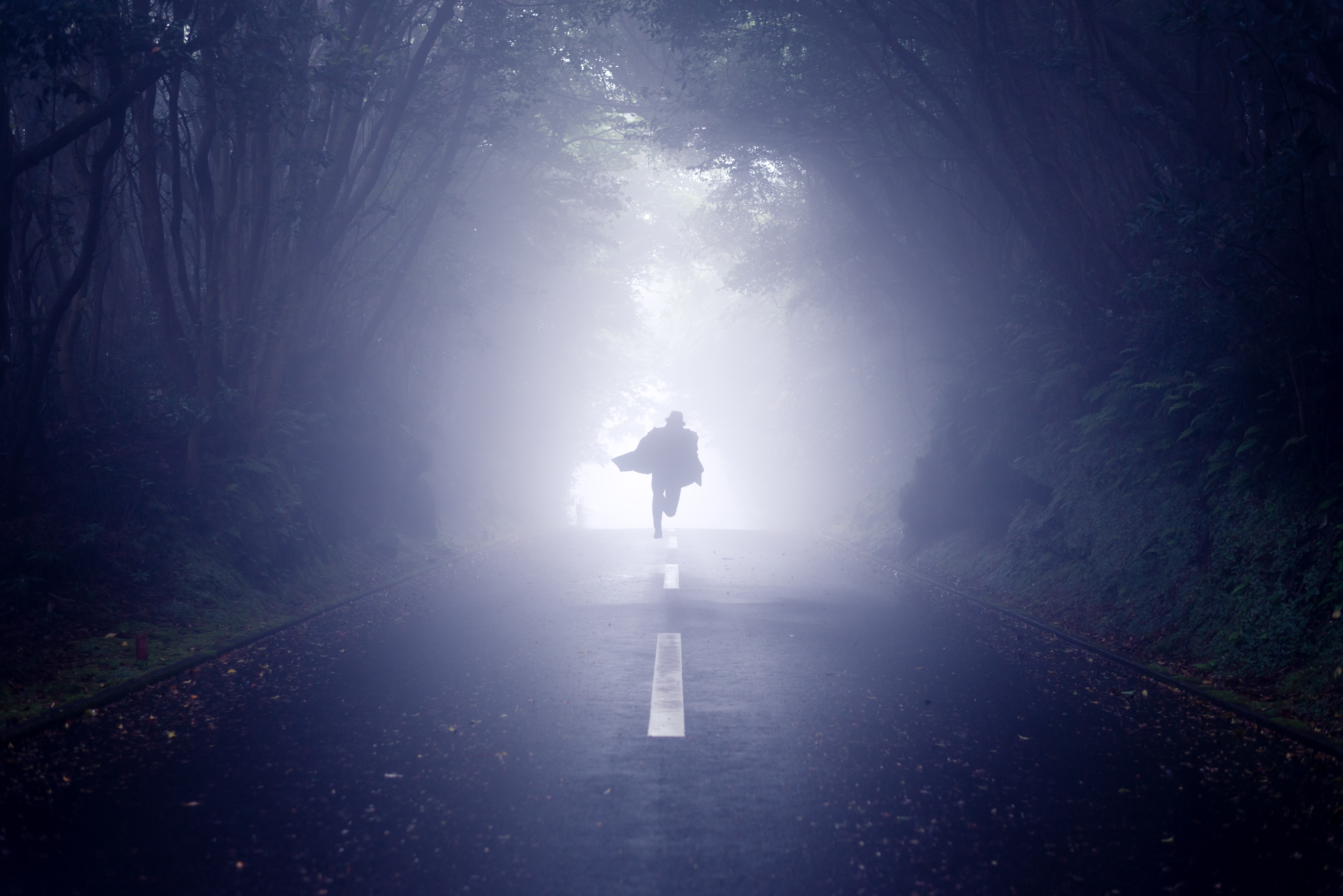 Download mobile wallpaper Fog, Miscellaneous, Road, Miscellanea, Lonely, Run, Silhouette, Running, Alone for free.