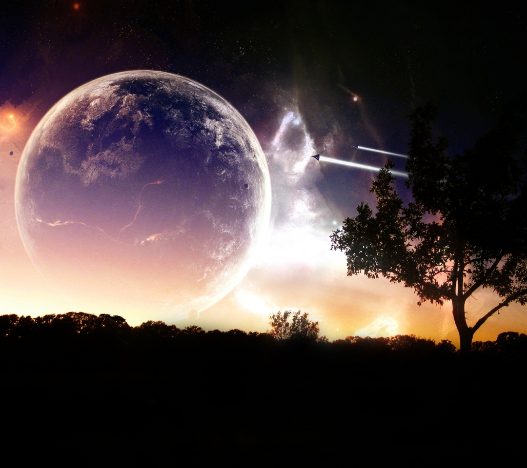 sci fi, planet rise, spaceship, atmosphere, tree, planet Desktop home screen Wallpaper