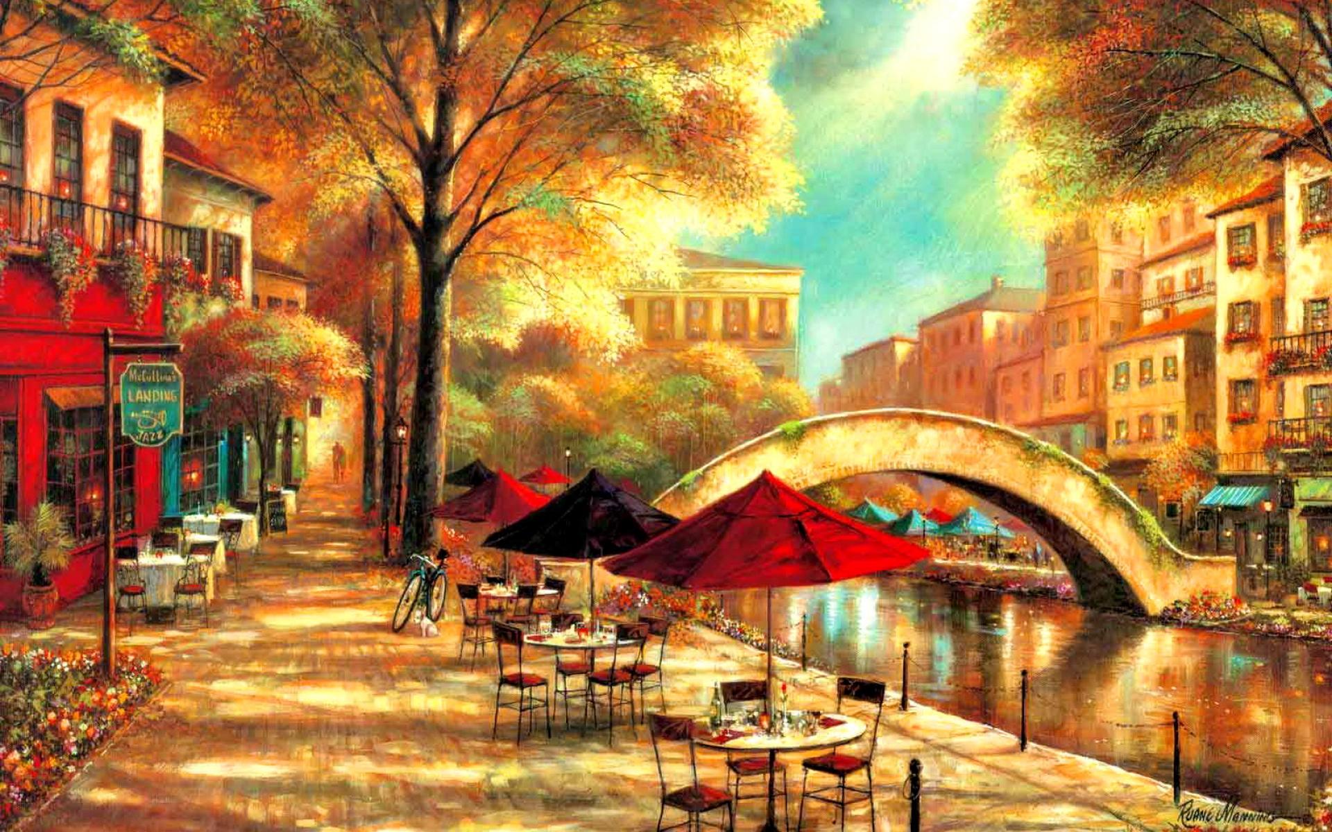 colorful, cafe, artistic, painting, bridge, river