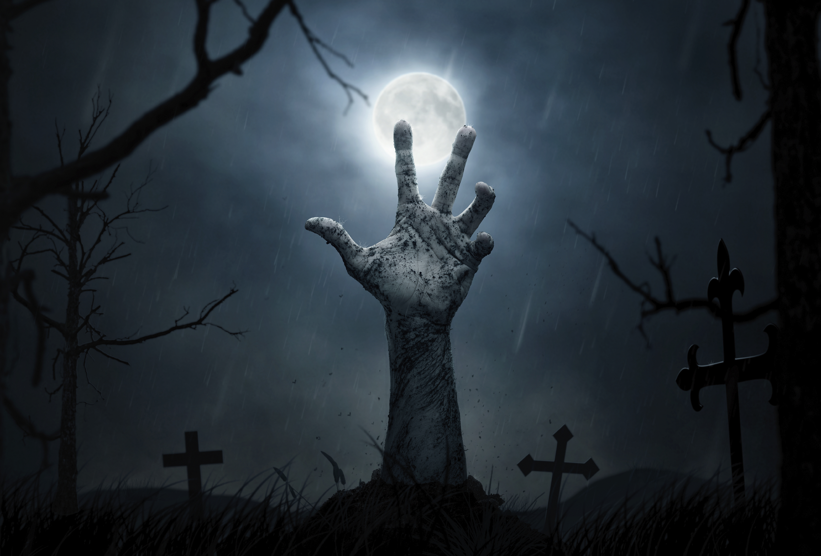 dark, hand, cross, grave, moon, tombstone