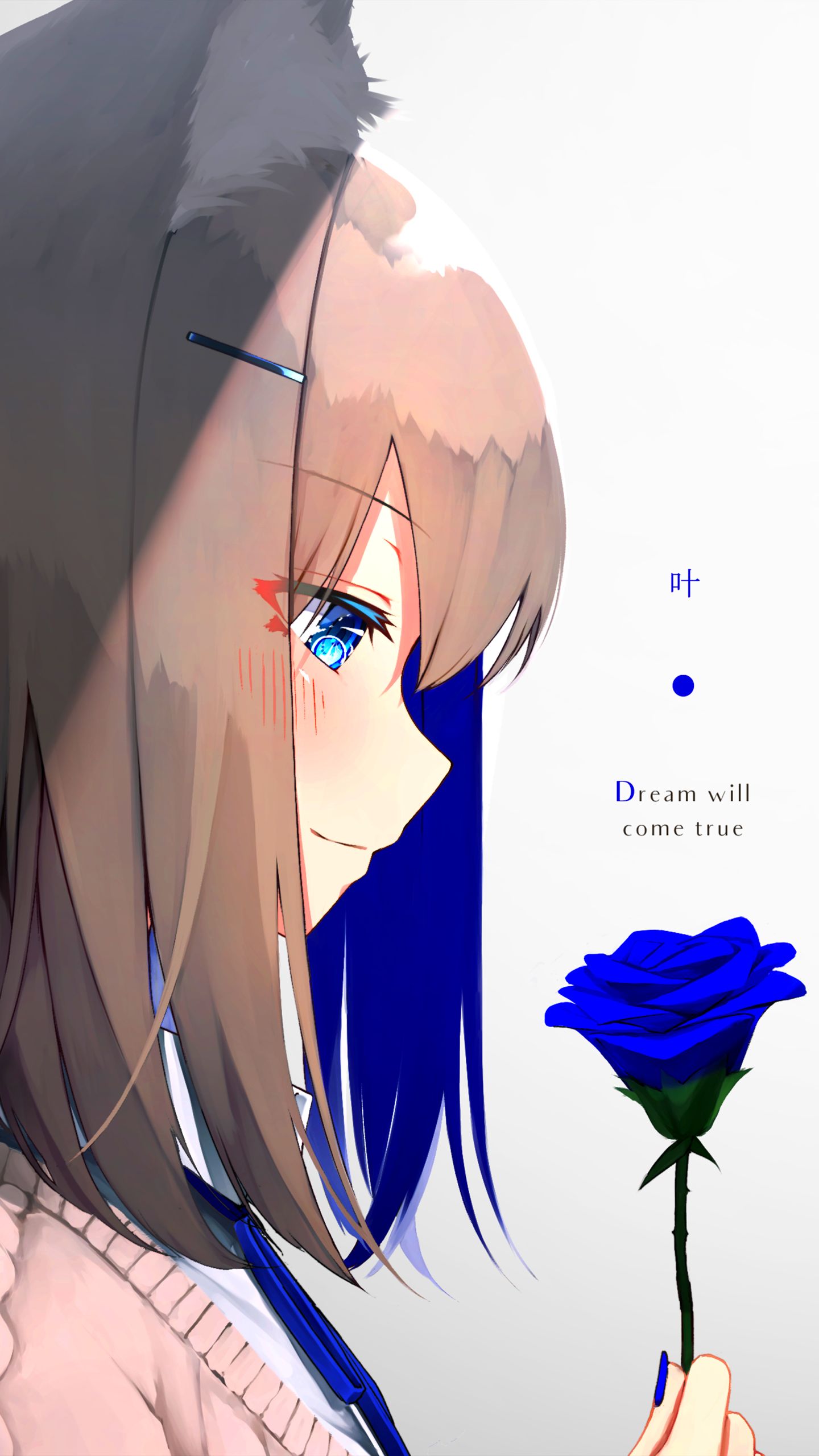 anime, original, blue eyes, blue rose, short hair