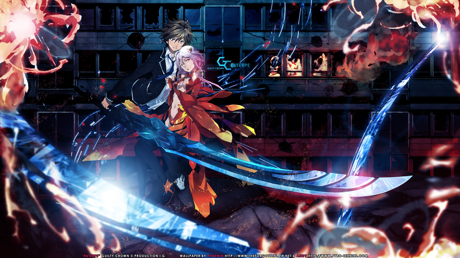 HD wallpaper anime, guilty crown, flame, inori yuzuriha, shu ouma, sword, weapon