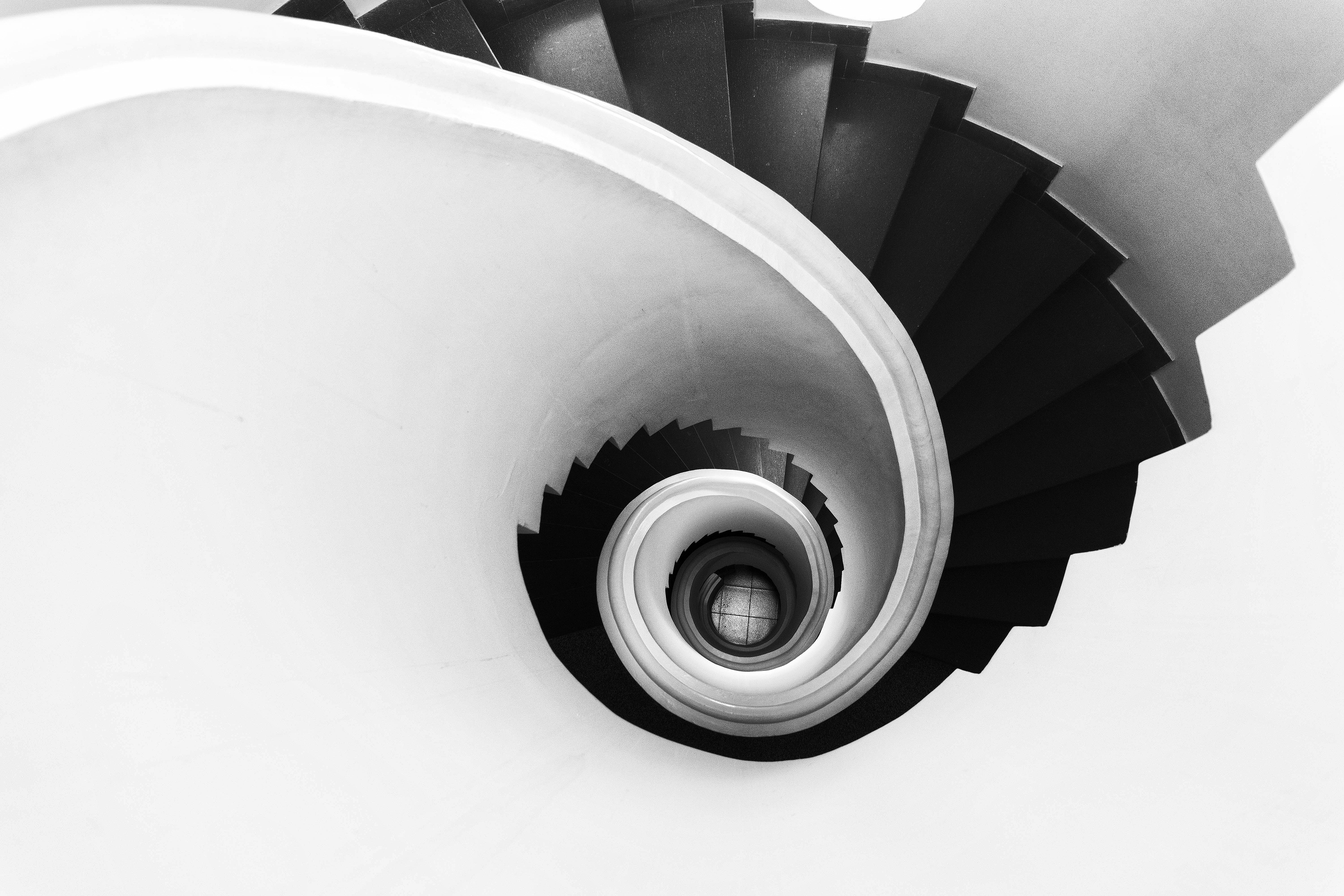 Download mobile wallpaper Ladder, Chb, Spiral, Bw, Stairs, Minimalism for free.
