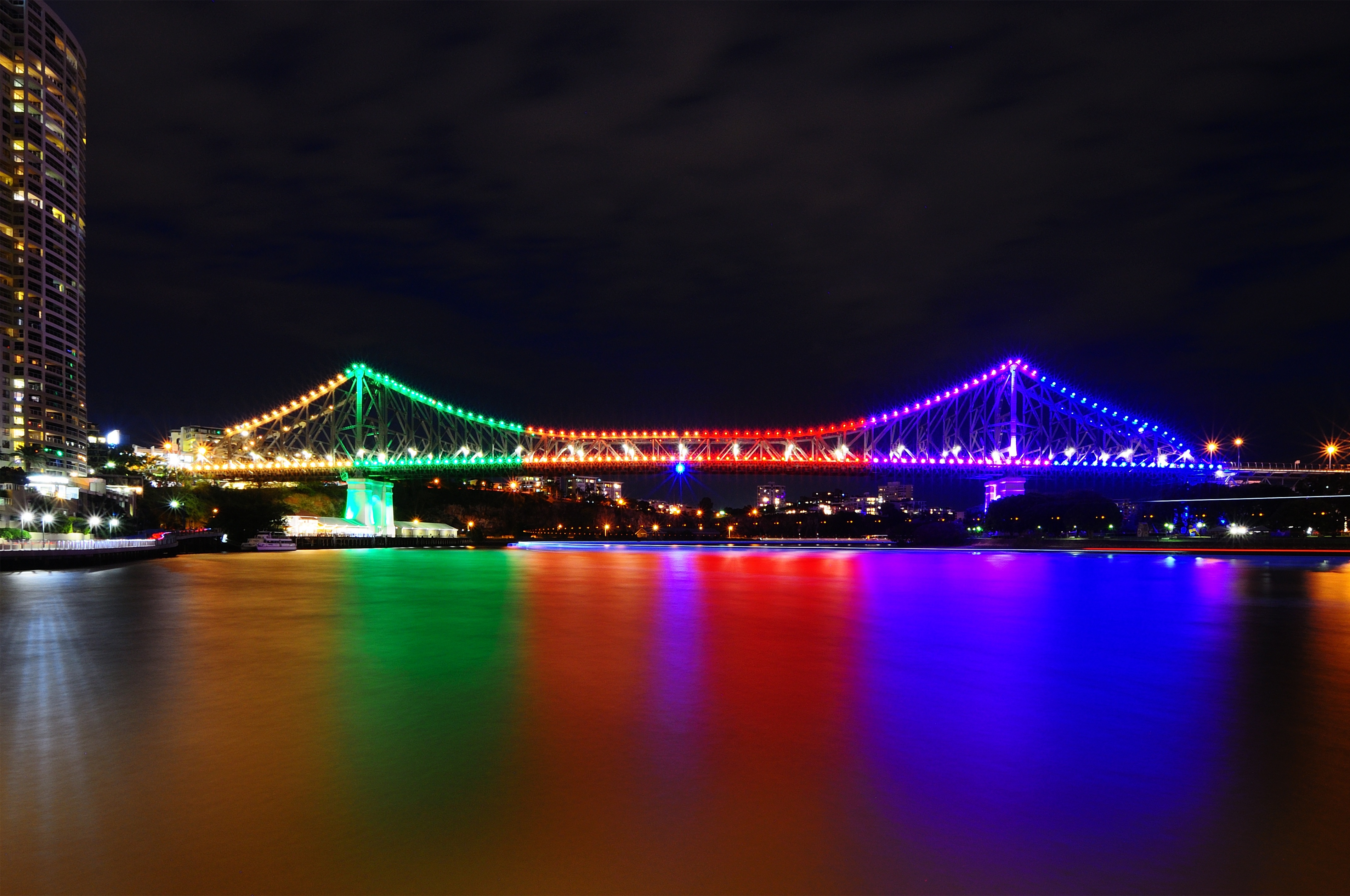 man made, story bridge, australia, bridge, brisbane river, brisbane, colorful, colors, night, reflection, bridges