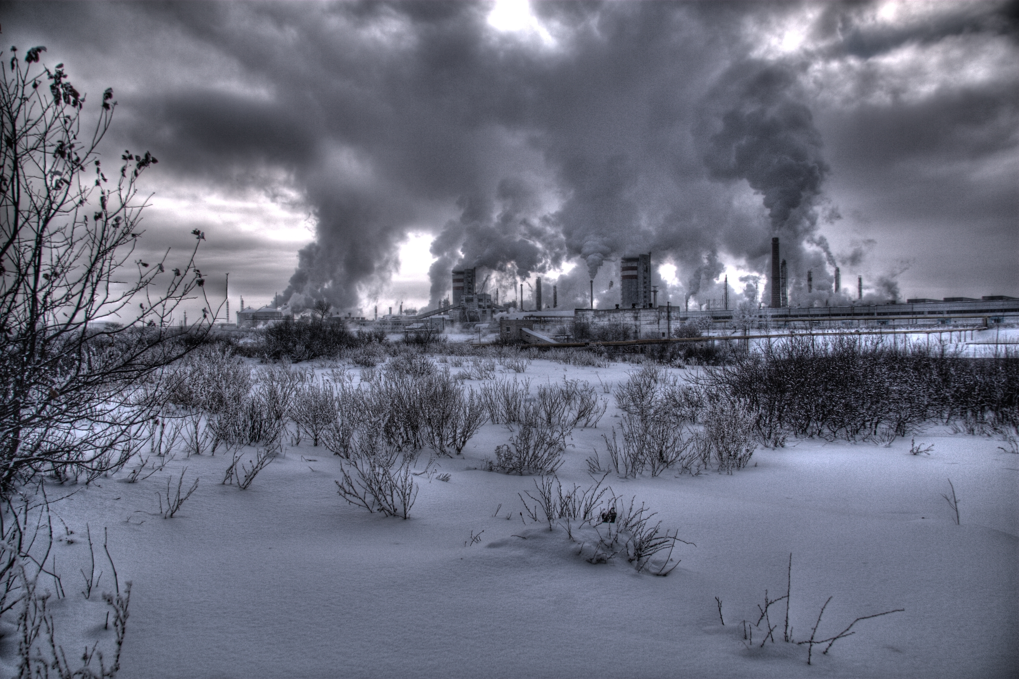 Download mobile wallpaper Factory, Plant, Nuclear Power Station, Nature, Smoke, Black And White for free.