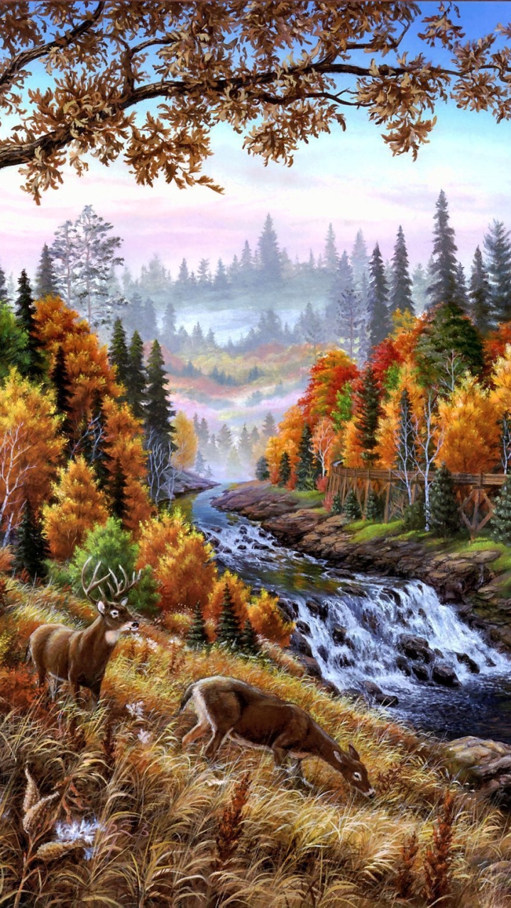 1234567 baixar papel de parede artistico, paisagem, rio, moinho de água, outono, cair, veado, cervo - protetores de tela e imagens gratuitamente