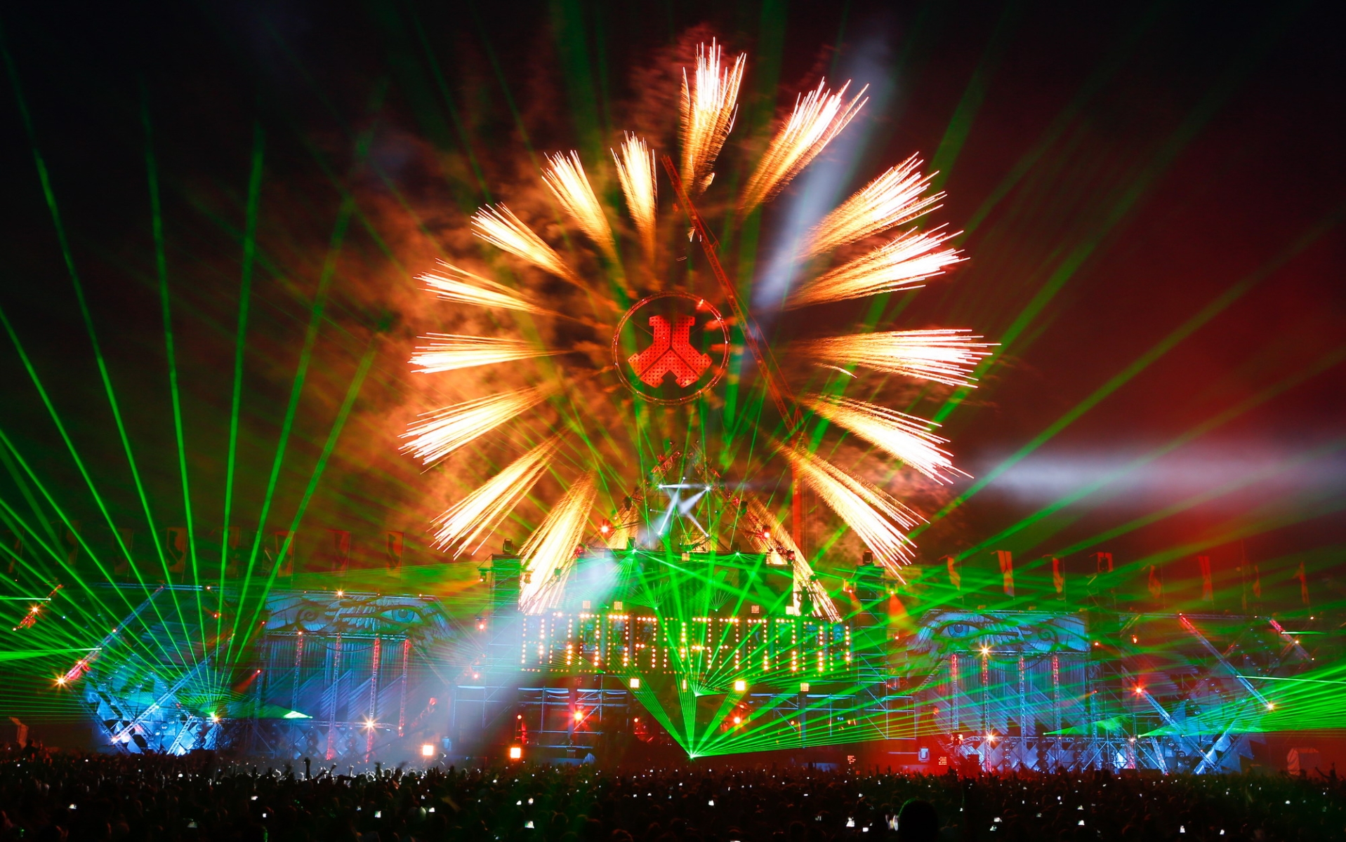 concert, rave, music, crowd, fireworks, laser