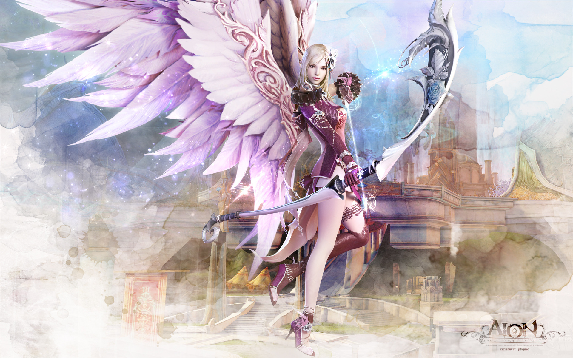 aion: tower of eternity, video game, angel, blonde, bow, fantasy, flower, wings cell phone wallpapers