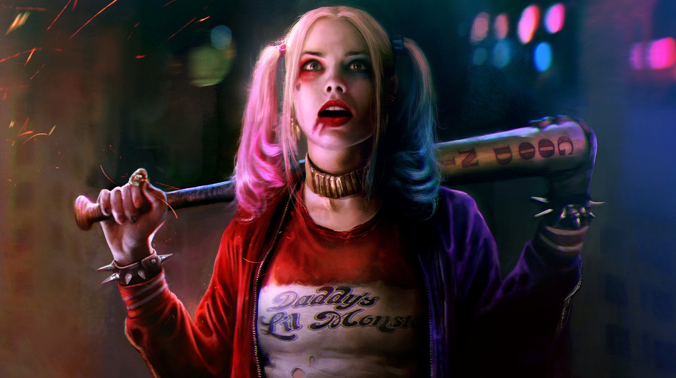 blonde, movie, margot robbie, dc comics, harley quinn, collar, suicide squad, baseball bat, spikes, two toned hair