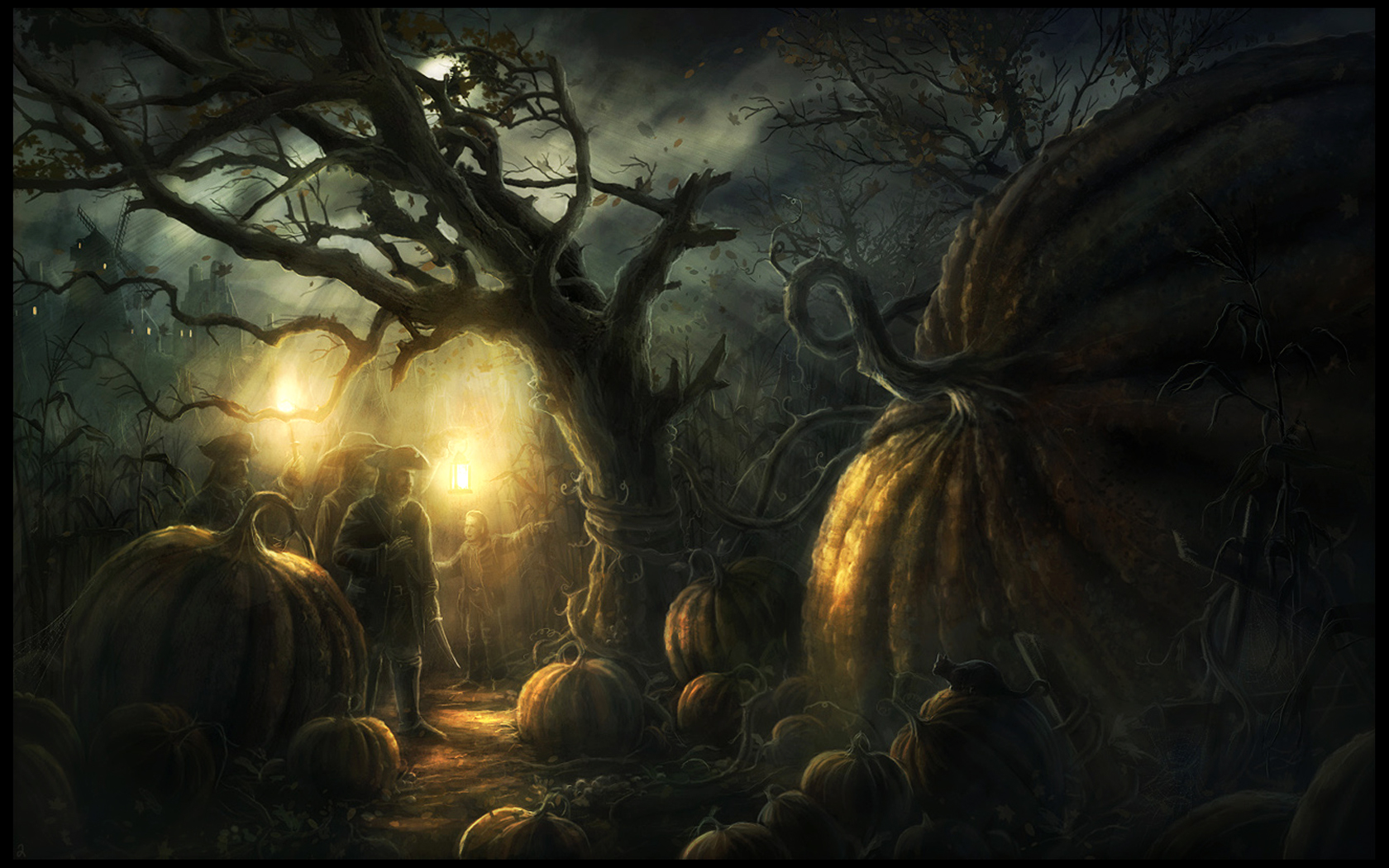 dark, night, forest, citrouilles géantes, pumpkin