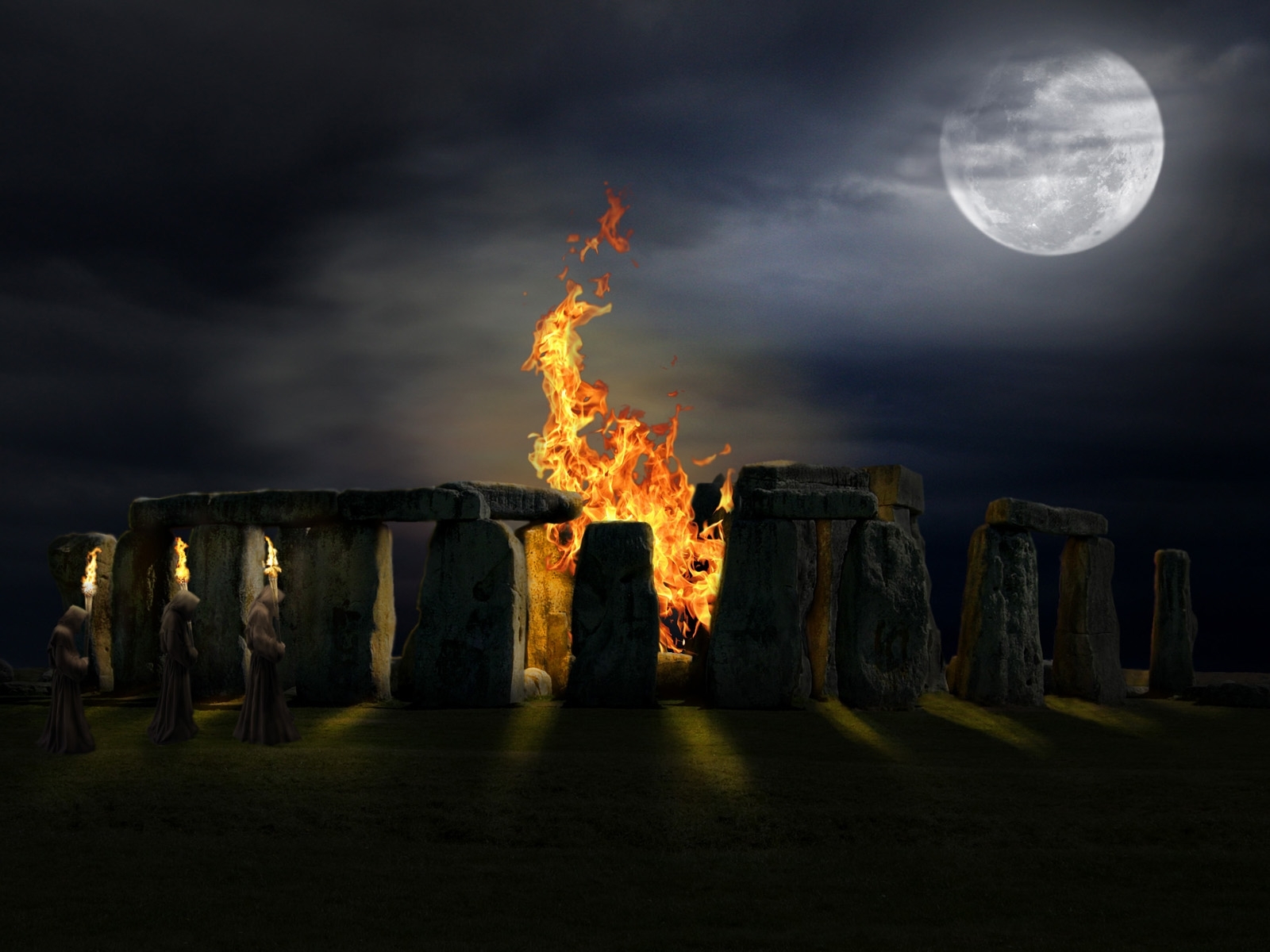 Free download wallpaper Landscape, Stonehenge, Bonfire, Moon on your PC desktop