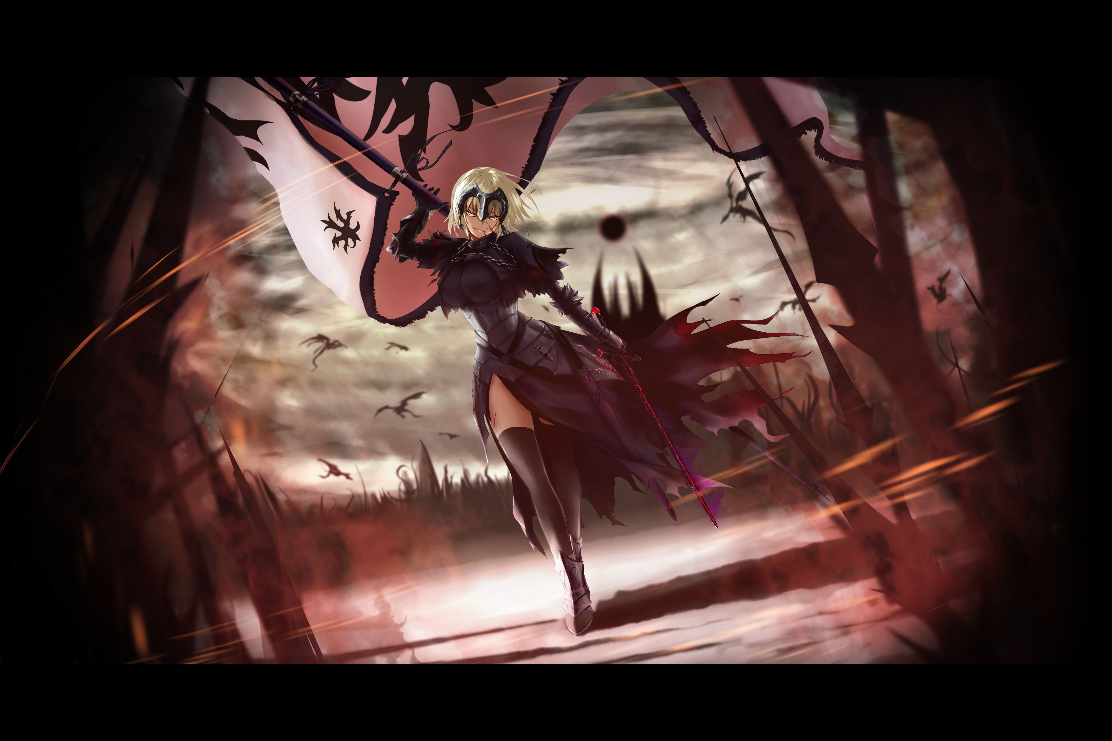 fate/grand order, anime, avenger (fate/grand order), blonde, dragon, fate (series), flag, jeanne d'arc (fate series), jeanne d'arc alter, lance, short hair, sword, woman warrior, yellow eyes, fate series
