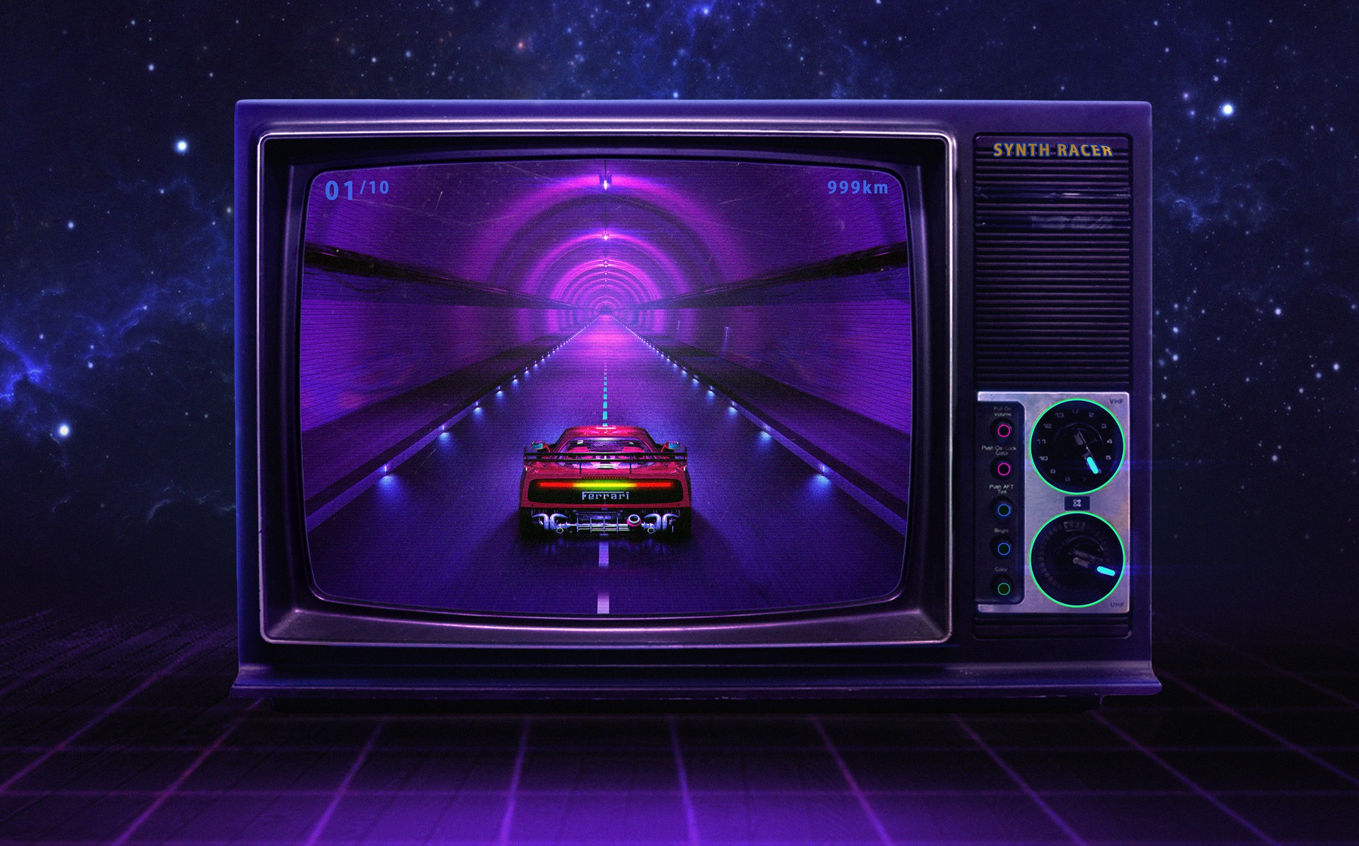 synthwave, vehicles, artistic, ferrari, road, television