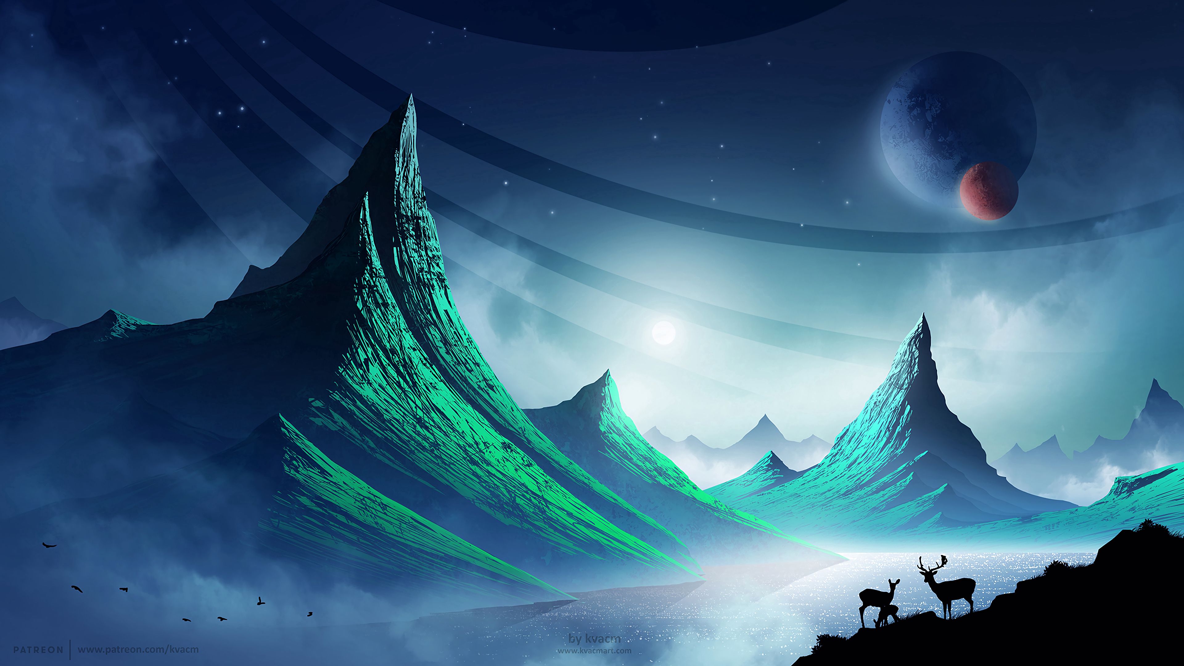deers, space, art, cosmic, landscape, mountains, night HD wallpaper