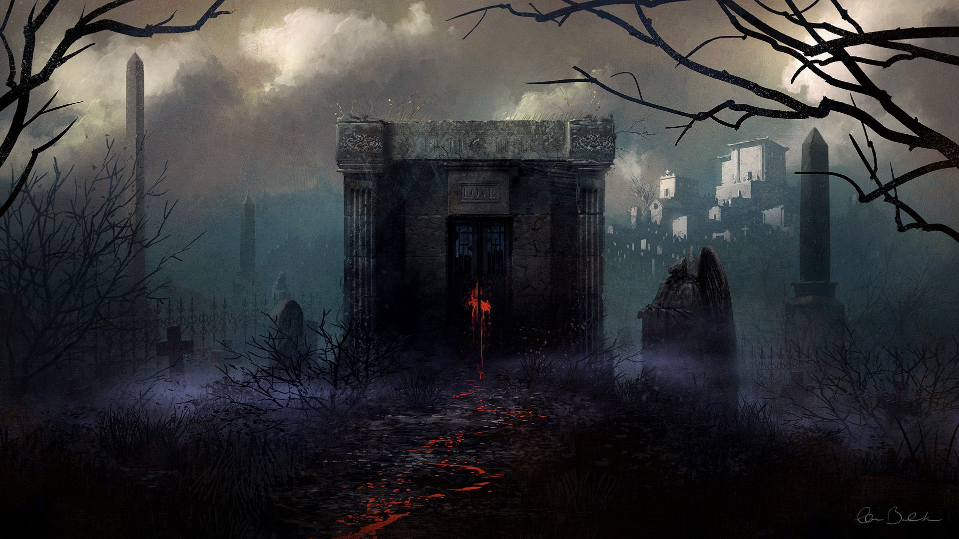 dark, cemetery, fog, graveyard, night Phone Background