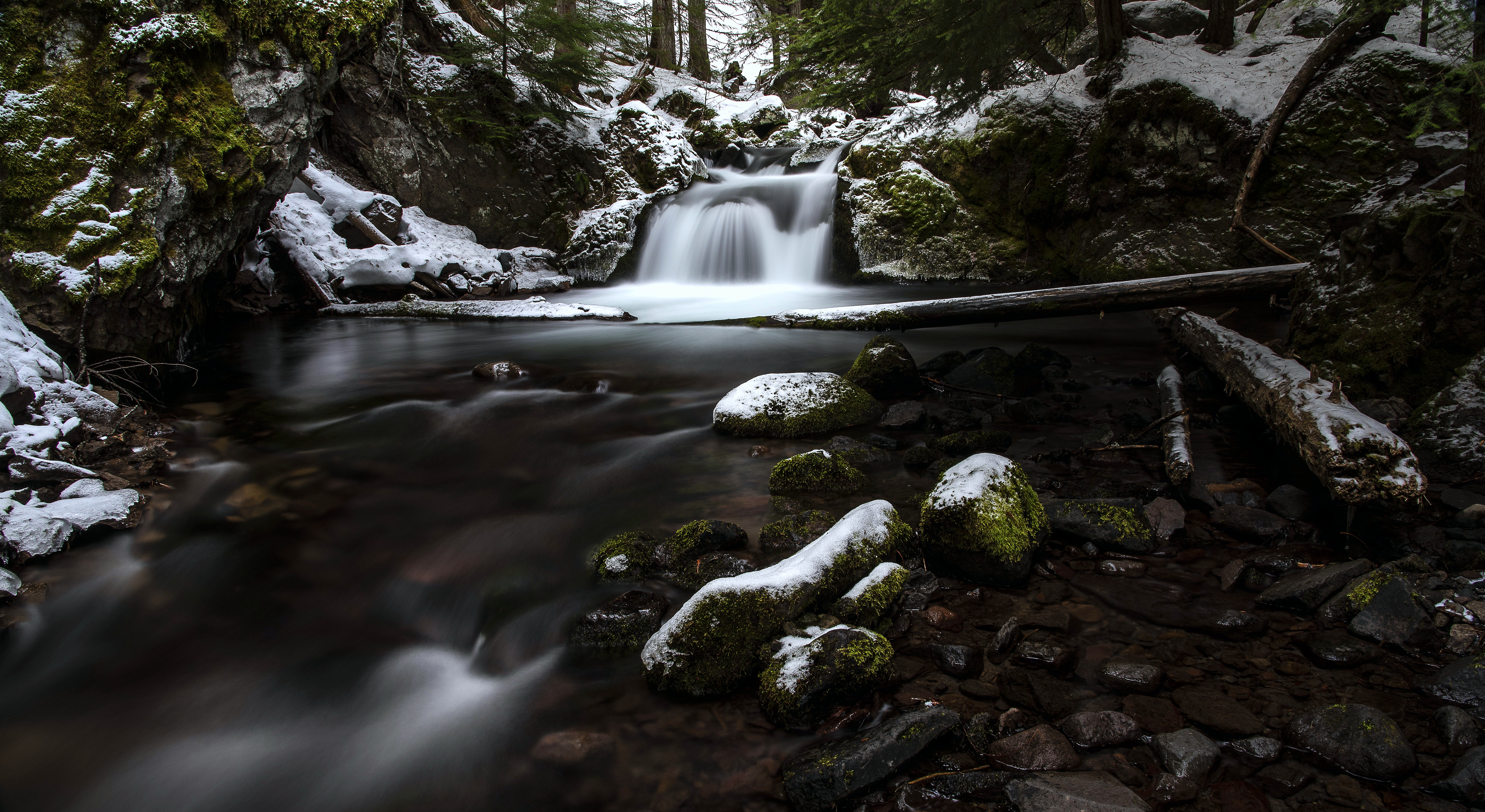 Download mobile wallpaper Snow, Snowbound, Stones, Snow Covered, Waterfall, Moss, Nature for free.