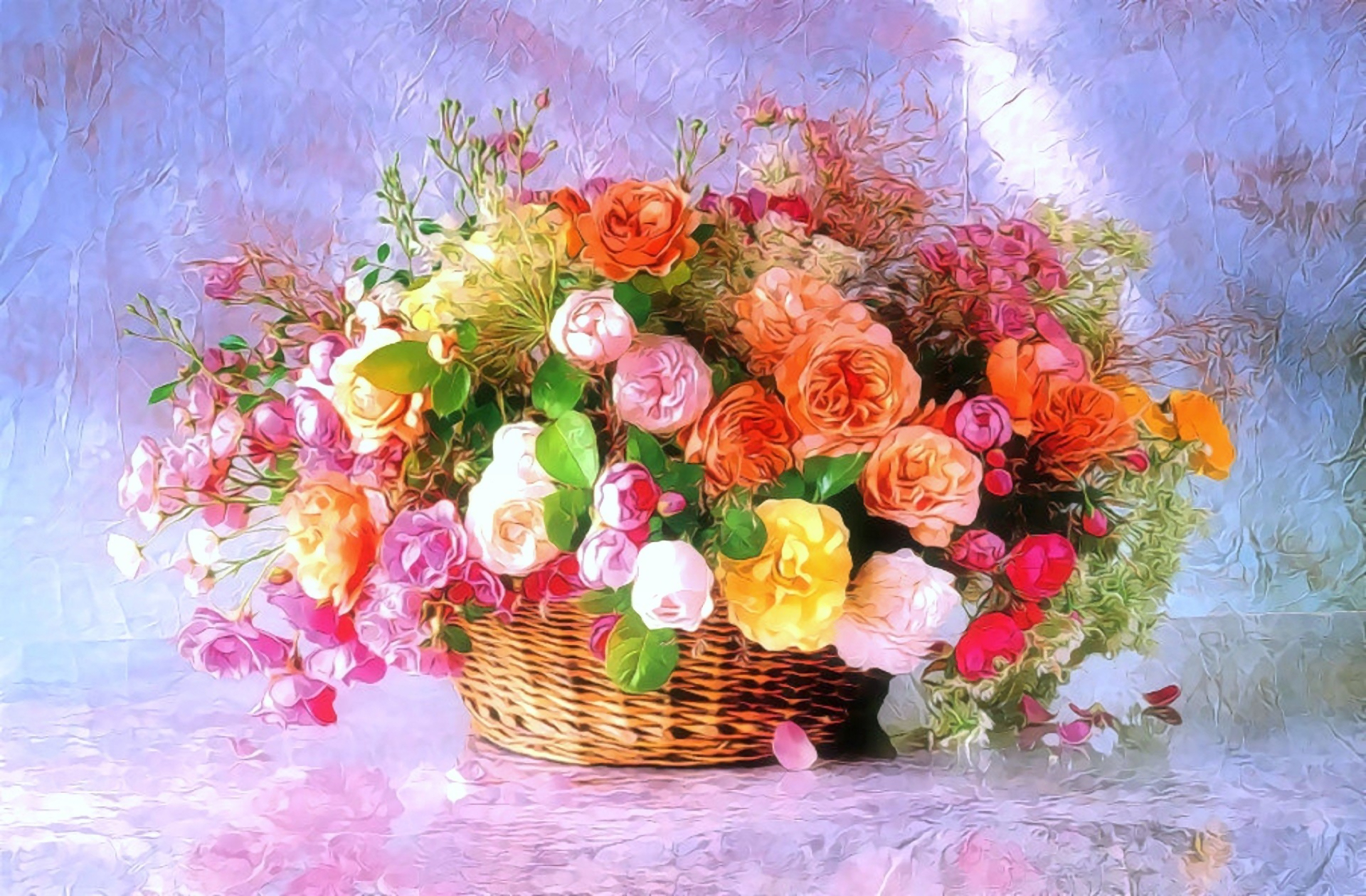 Download mobile wallpaper Flowers, Flower, Colors, Colorful, Basket, Painting, Artistic for free.