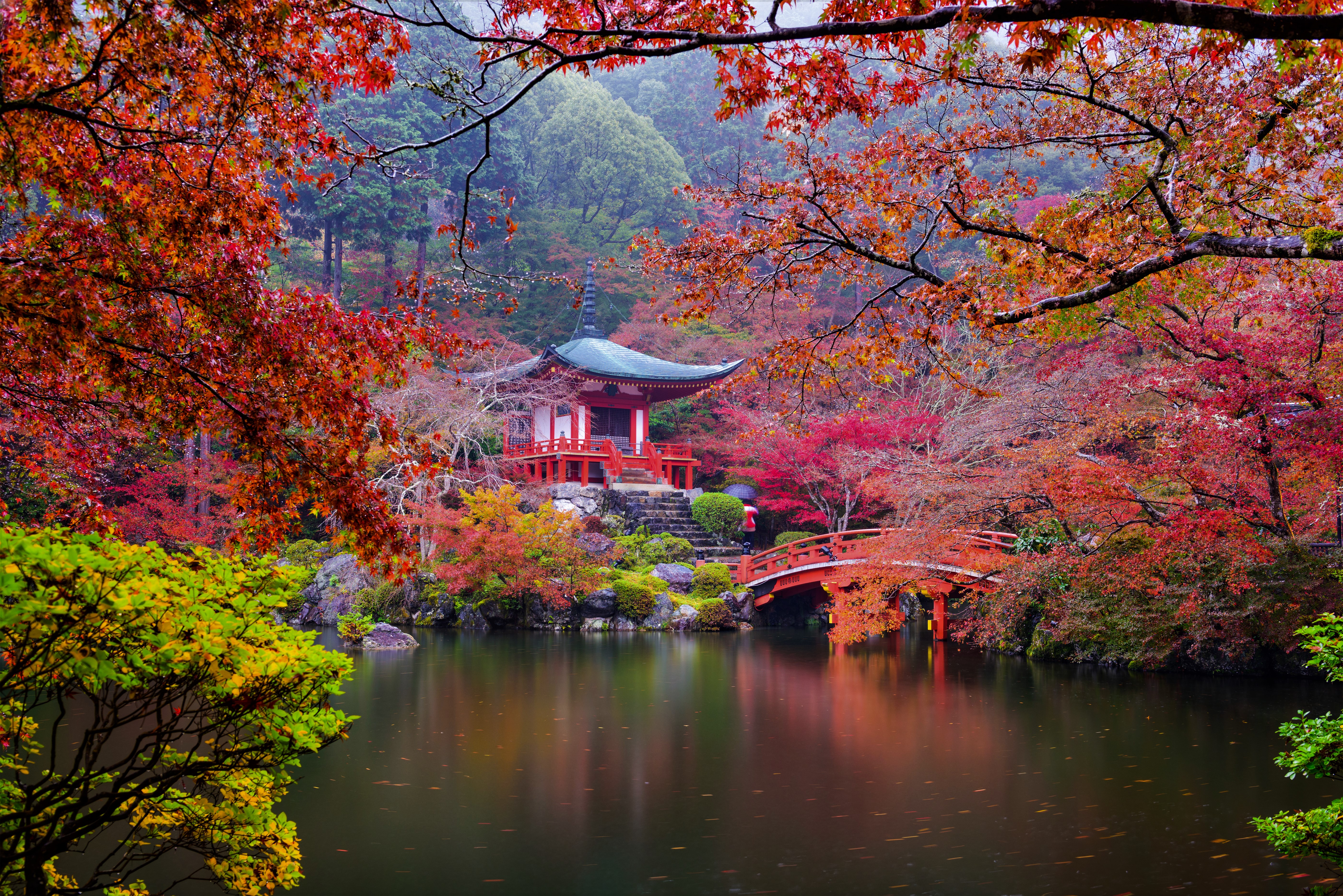 japanese garden, garden, temples, pagoda, daigo ji, religious, bridge, fall
