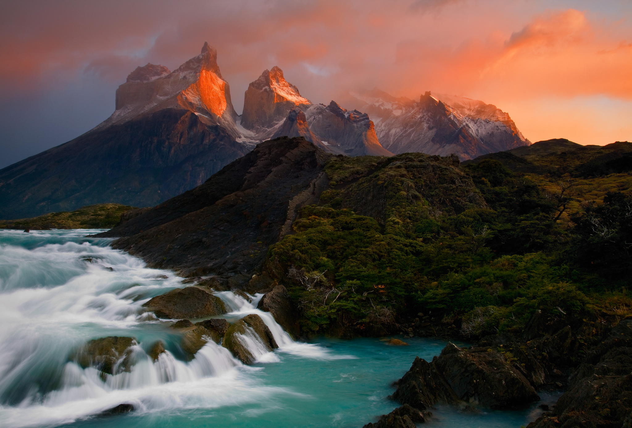 torres del paine, sunset, mountains, earth, andes, landscape, mountain, patagonia, waterfall 5K