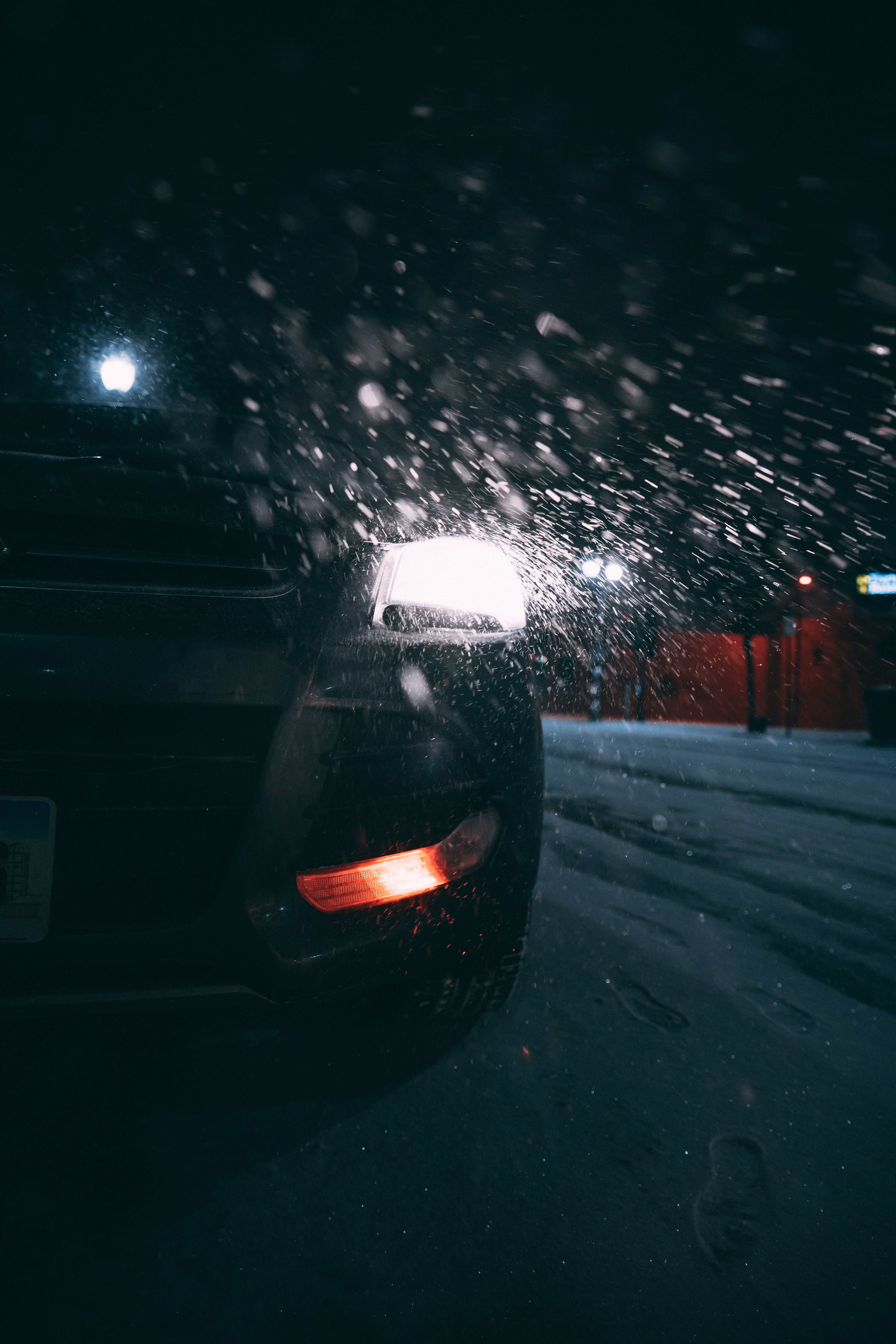 1920x1080 Background night, snow, cars, lights, car, back view, rear view, headlights